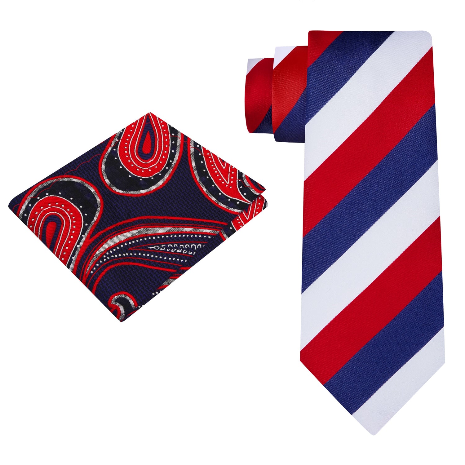 Alt View: Deep Blue, Red, White Block Stripe Necktie and Deep Blue, Red and White Paisley Square