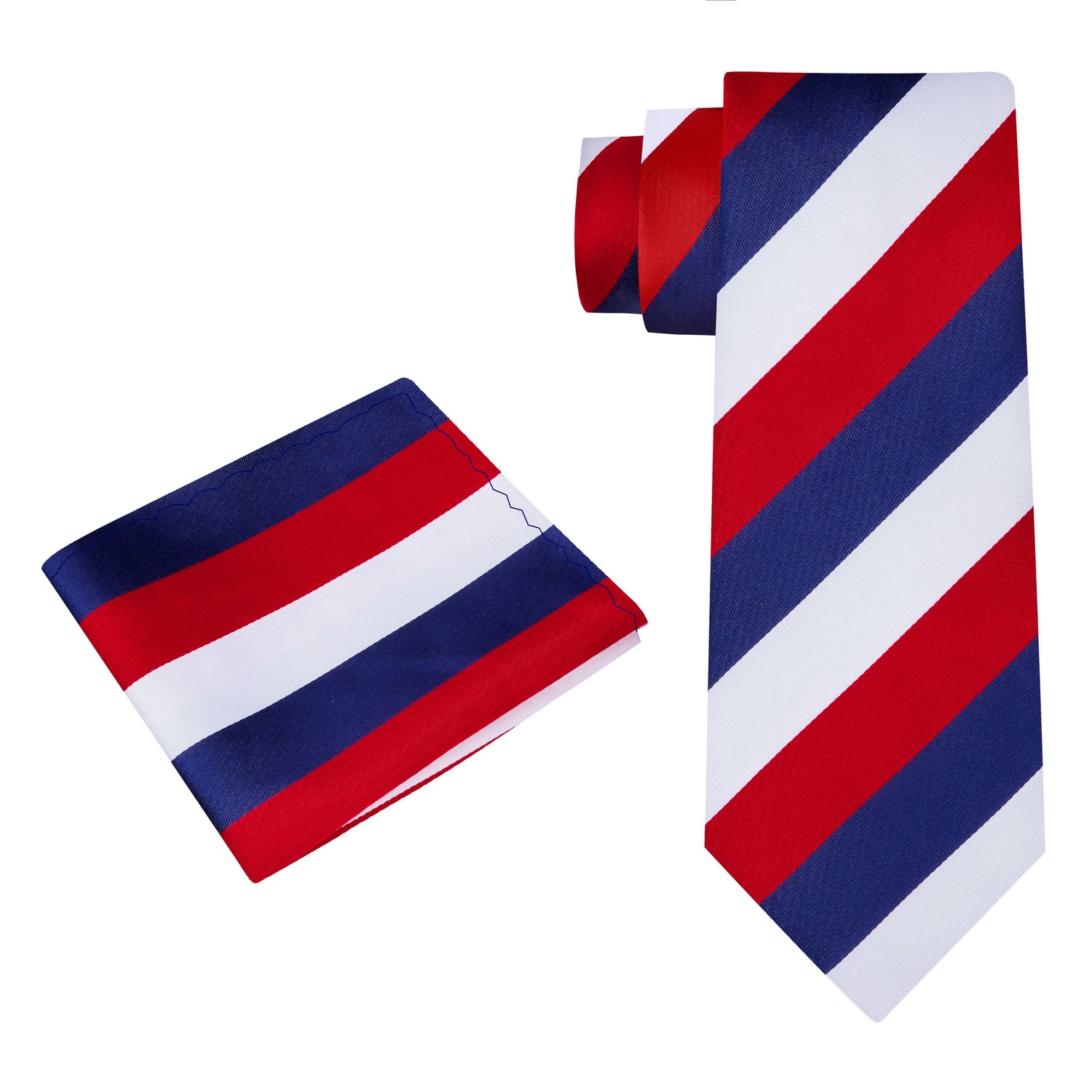 Alt View: Deep Blue, Red, White Block Stripe Necktie and Matching Square