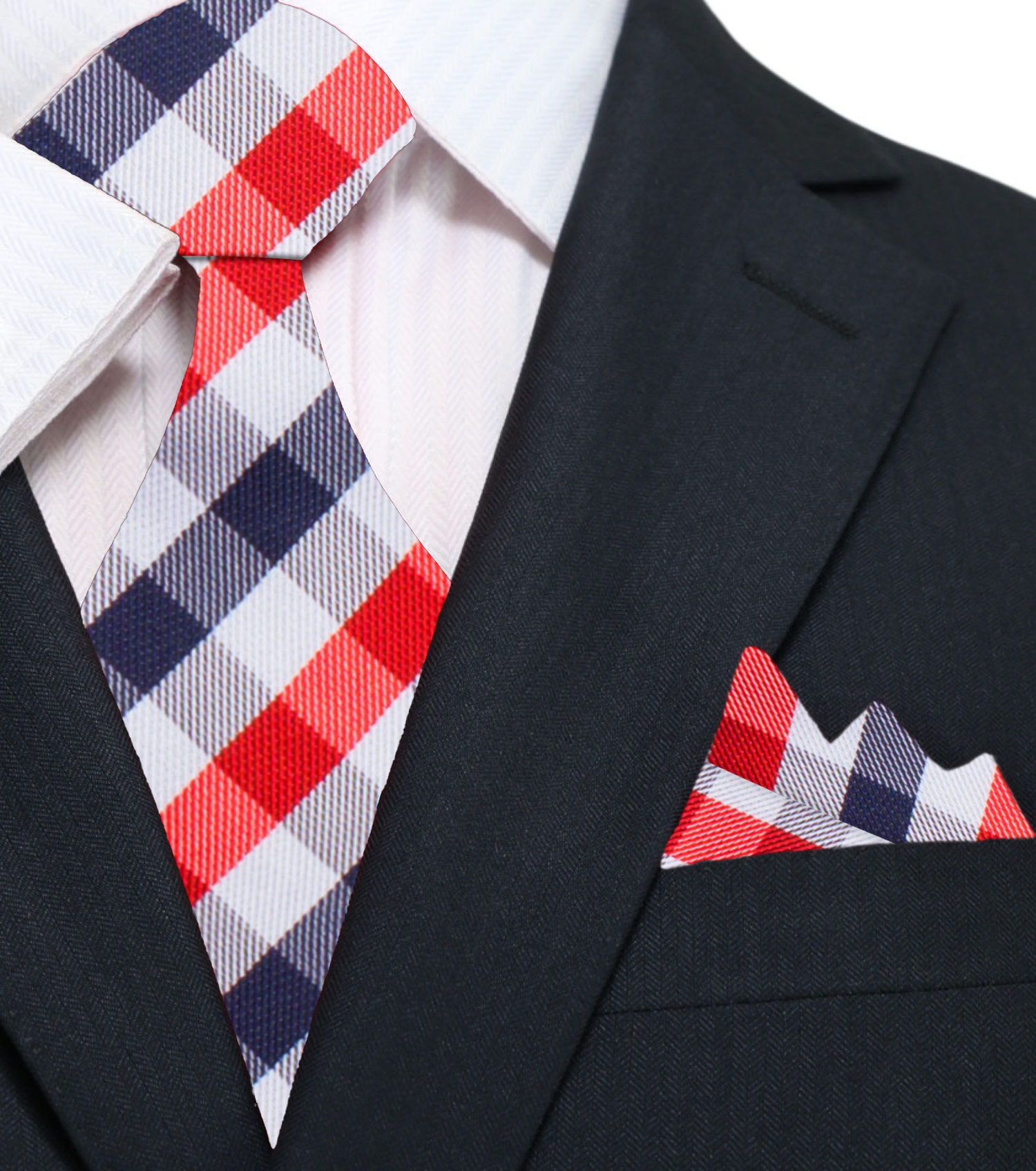 A Red, White, Blue Small Geometric Checker Pattern Silk Necktie, With Matching Pocket Square