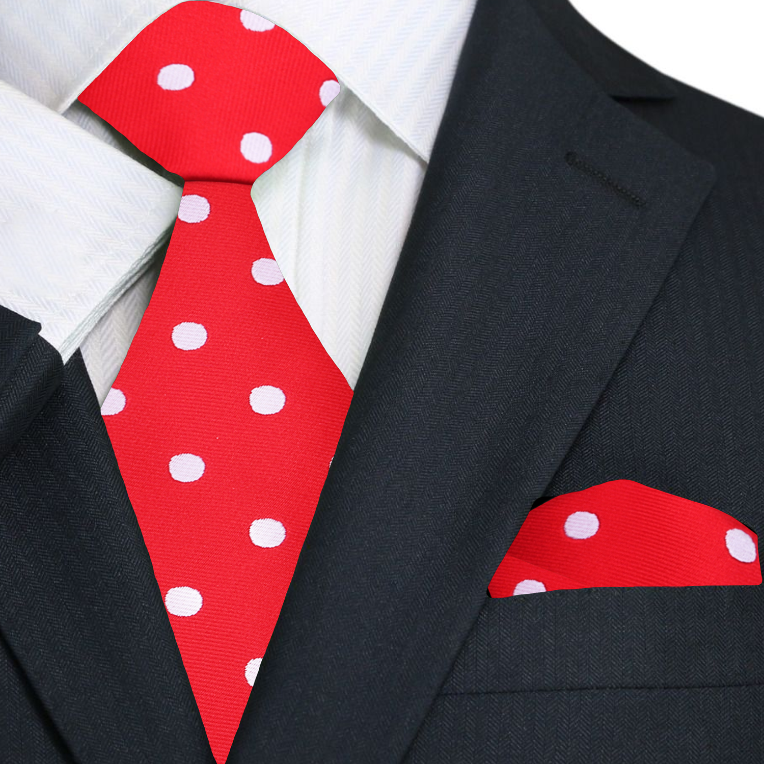 Red polka dot tie and matching pocket square with a black suit jacket.