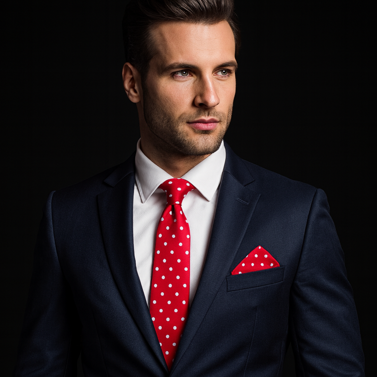 Man wearing a navy suit with a red polka dot tie and pocket square on a black background