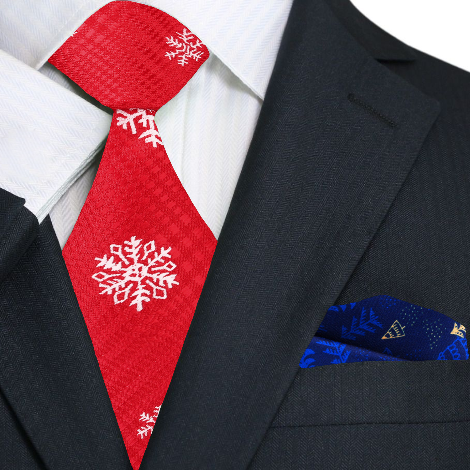 Premium Red, Light Grey Plaid with Snowflake Tie and Accenting Pocket Square