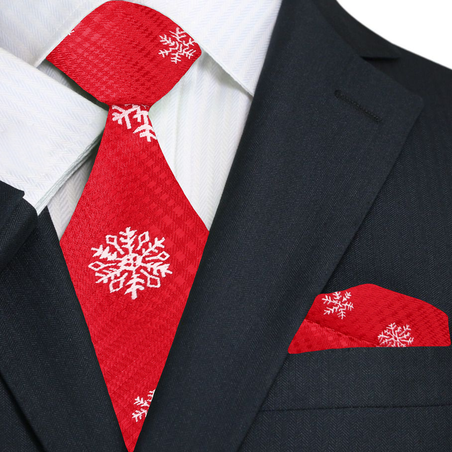 Premium Red, Light Grey Plaid with Snowflake Tie and Pocket Square