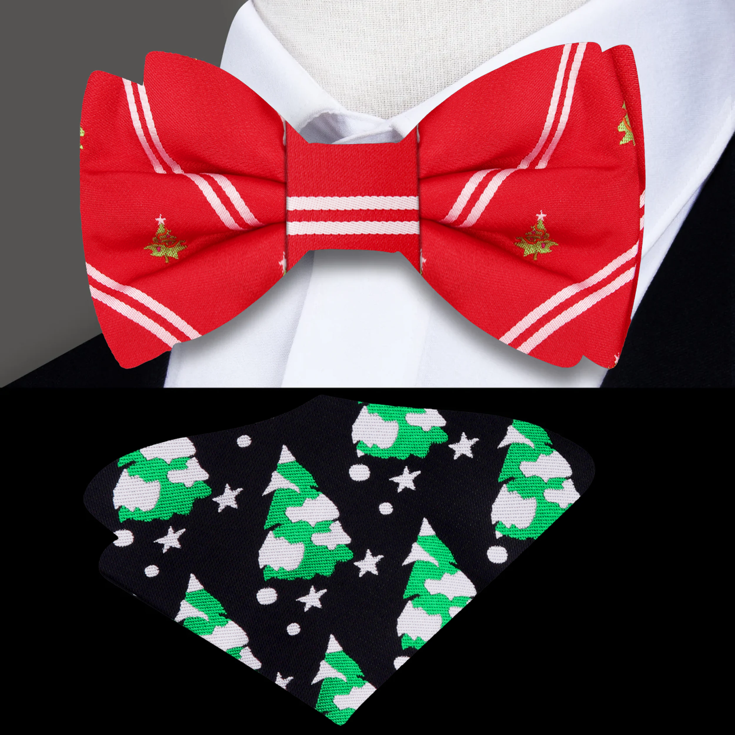 Red, White Stripe Christmas Tree Bow Tie and Accenting Pocket Square