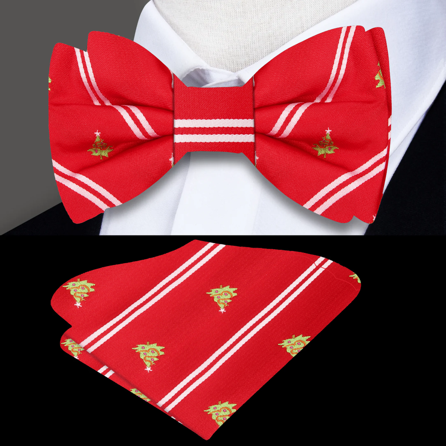Red, White Stripe Christmas Tree Bow Tie and Pocket Square