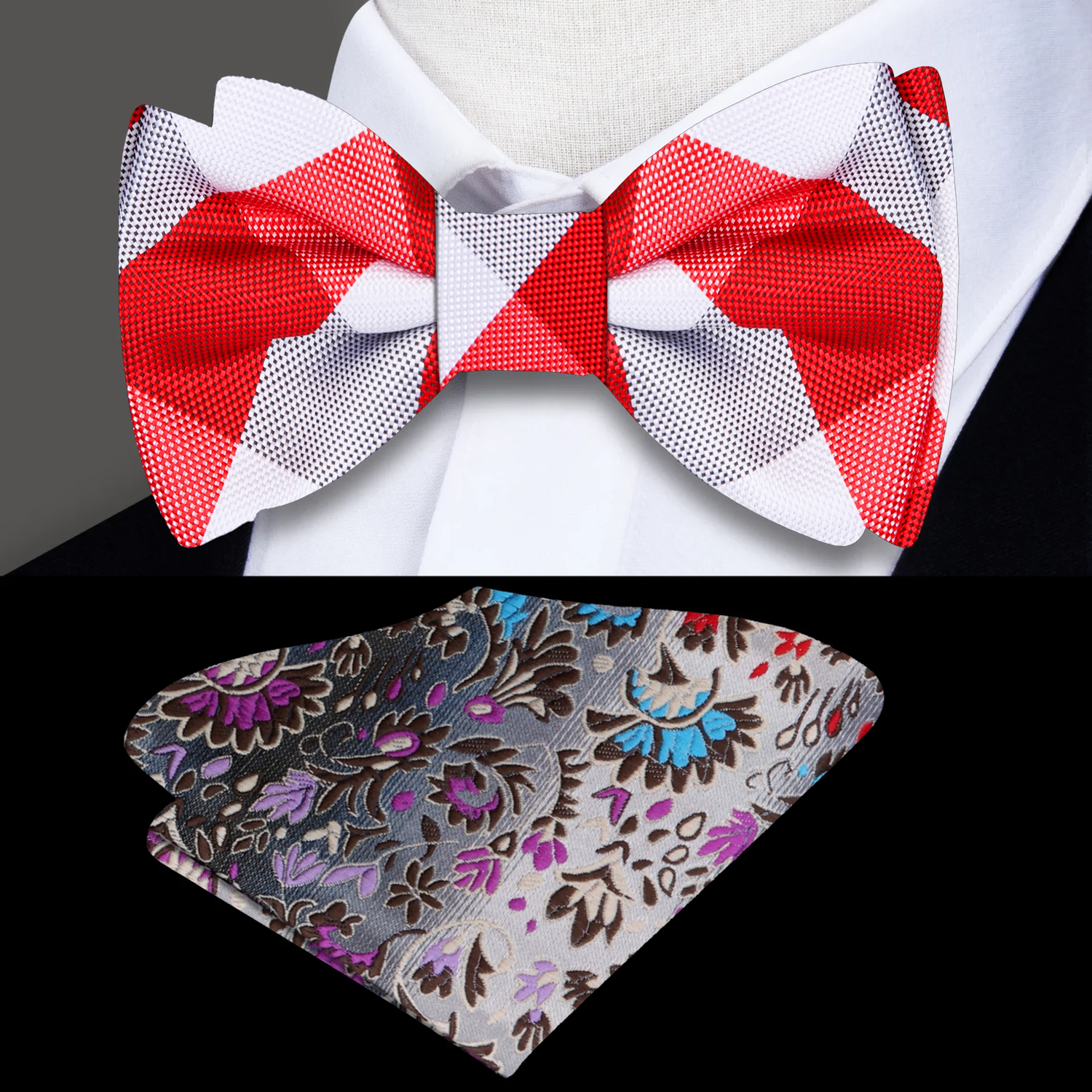 Main View: Red, White Plaid Bow Tie and Accenting Pocket Square