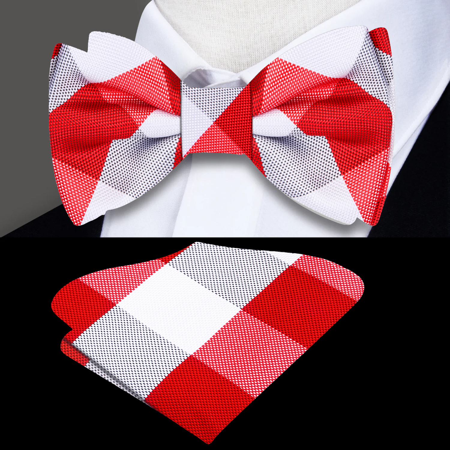 Main View: Red, White Plaid Bow Tie and Pocket Square