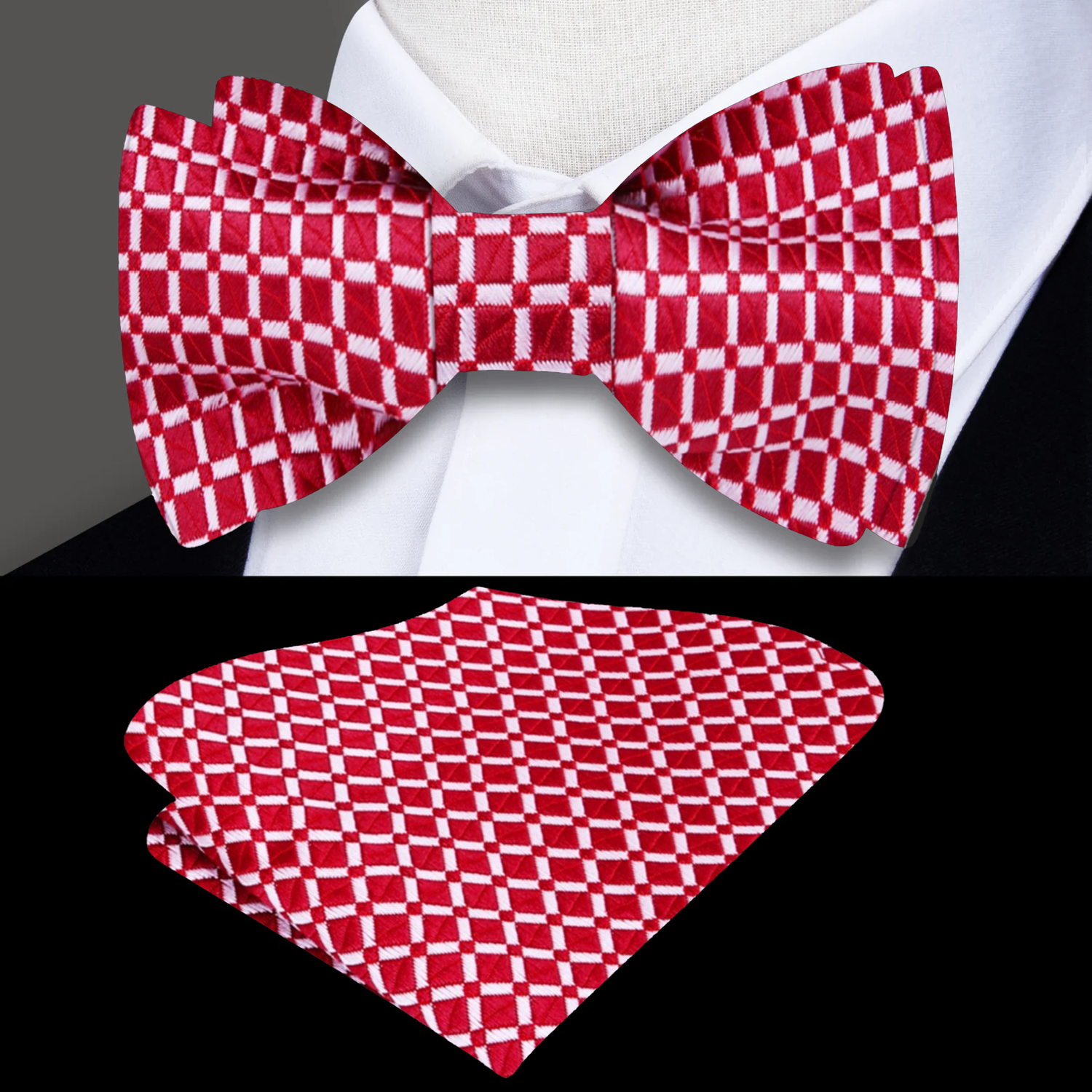 A Red, White Small Geometric Check Pattern Silk Bow Tie, Matching Pocket Square