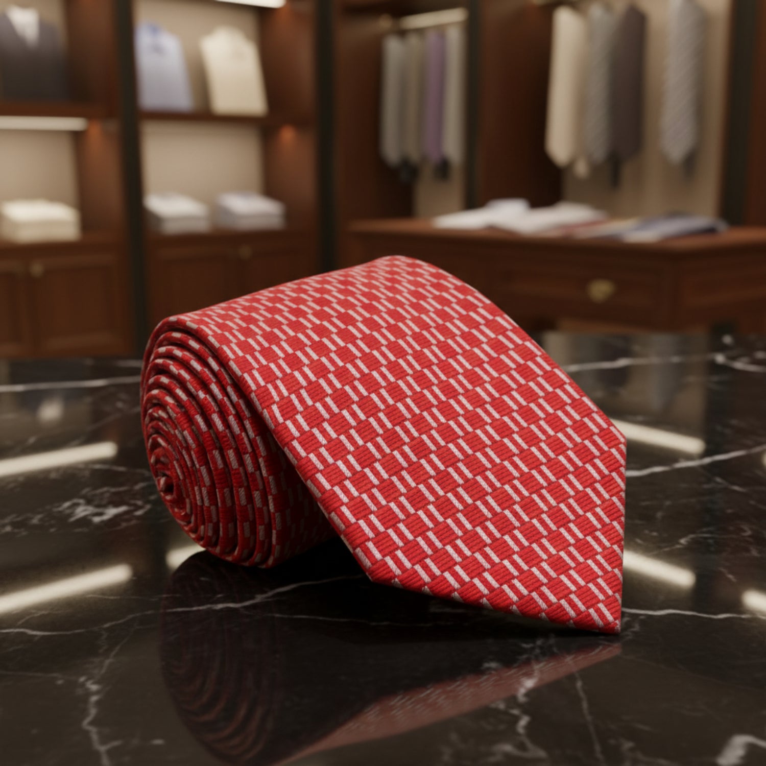 A rolled red necktie with a white geometric pattern, displayed on a clean white background.