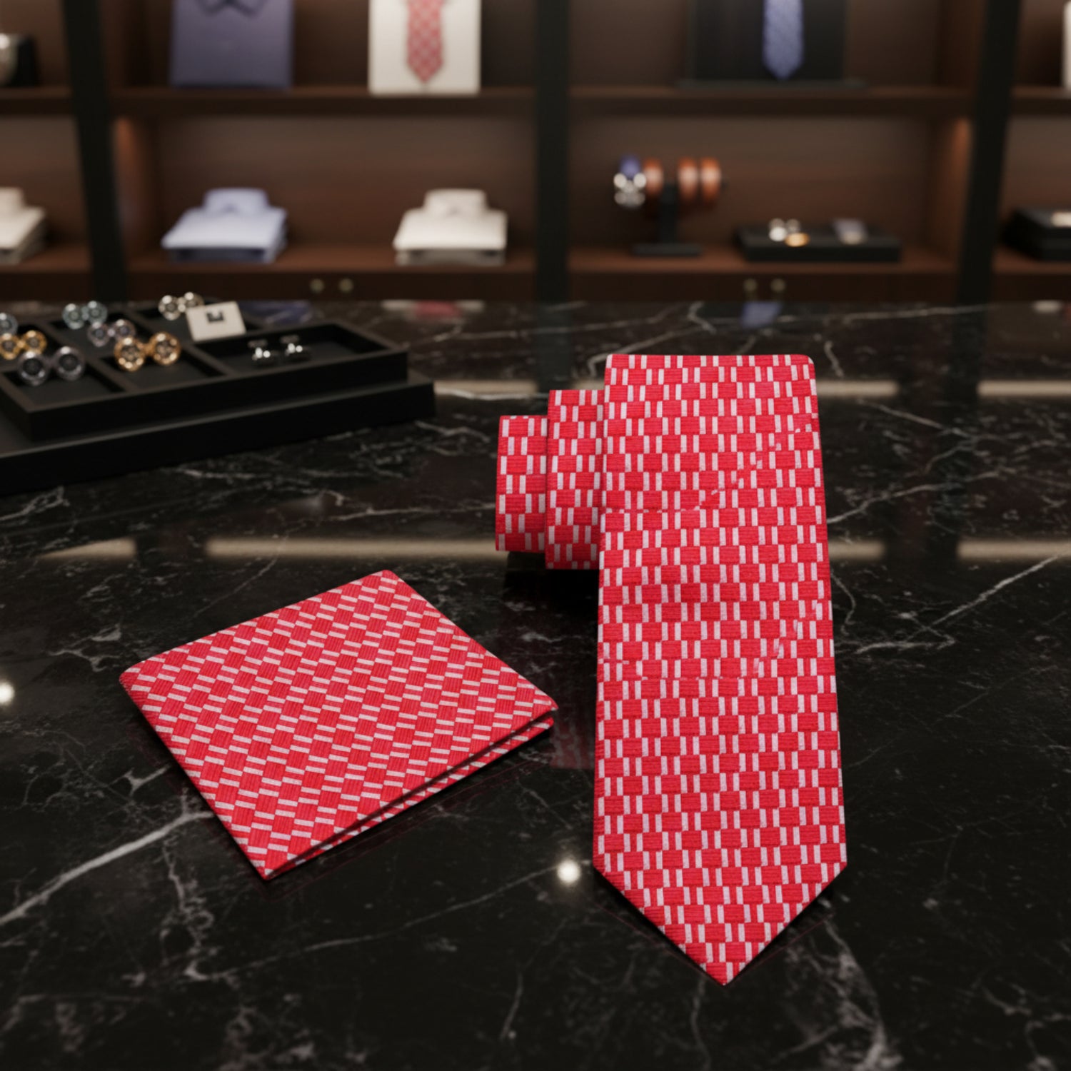 Red patterned tie and pocket square on a dark marble surface with a blurred background of clothing and accessories.