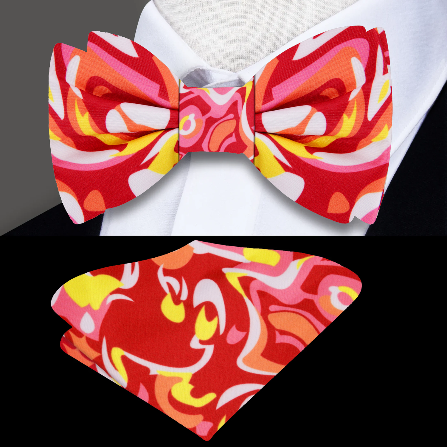 A Red, Yellow, White, Pink, Orange Abstract Bow Tie and Pocket Square