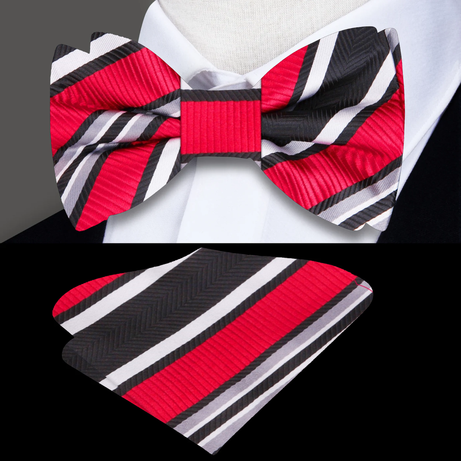 Red, Black, White Stripe Bow Tie and  Square