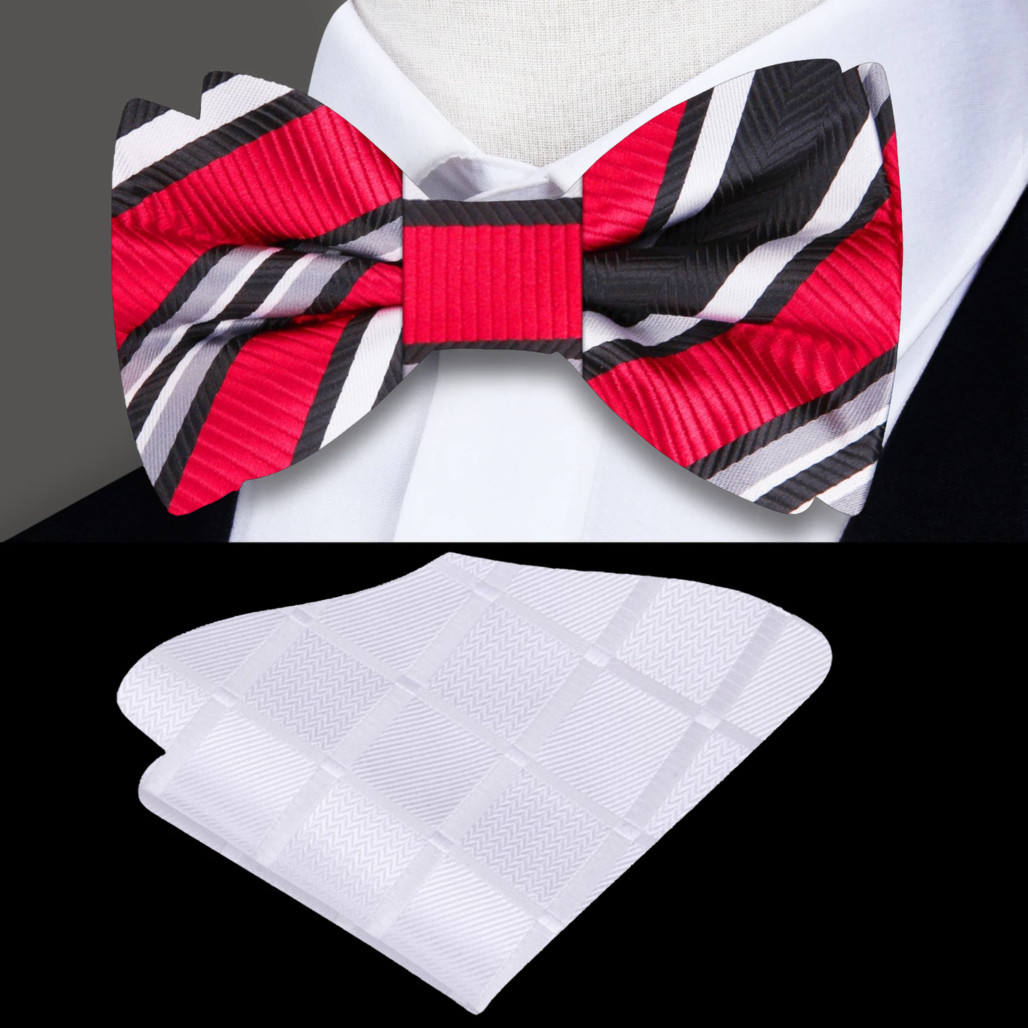 Red, Black, White Stripe Bow Tie and Accenting White Square