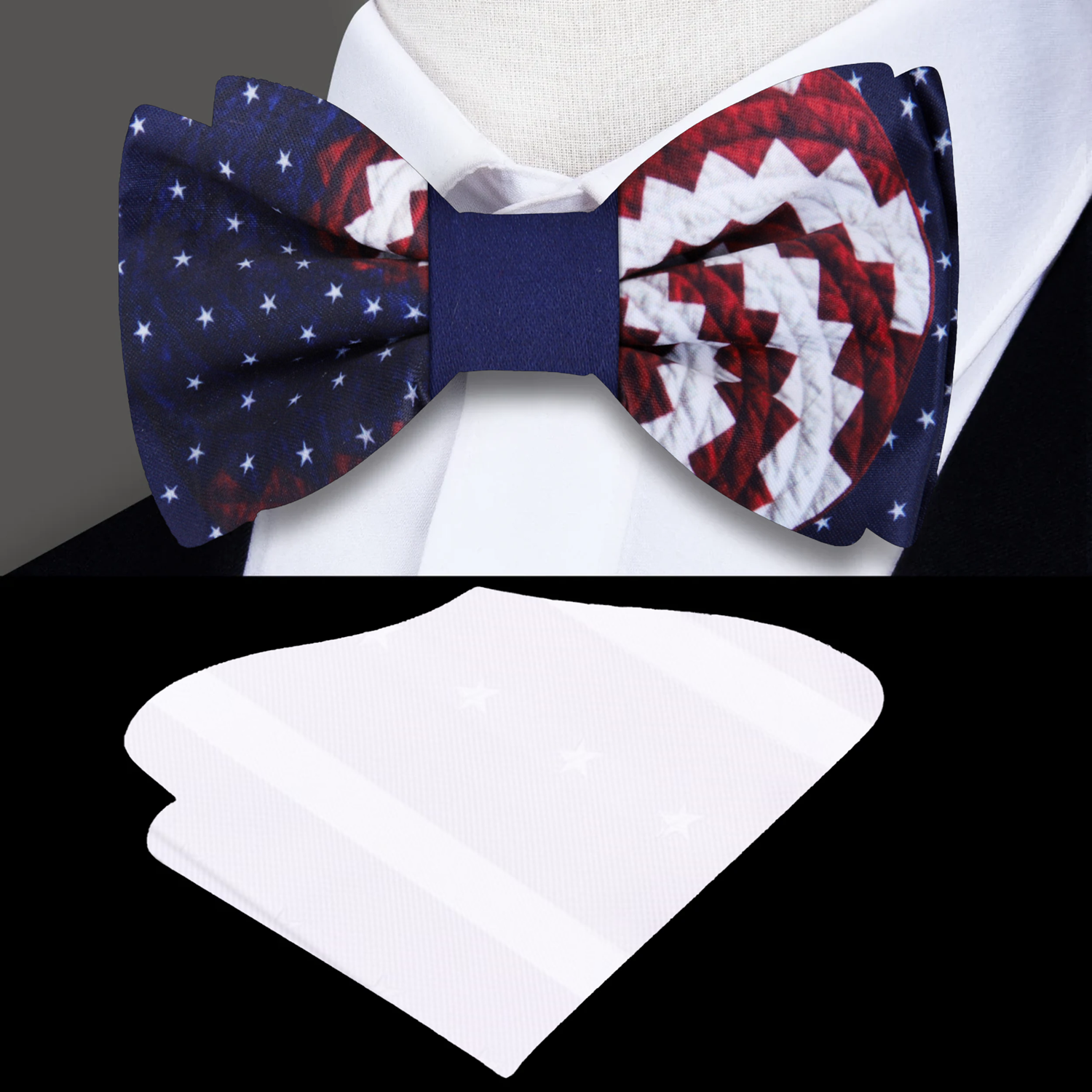 Bow tie with American flag pattern and white pocket square on a mannequin.