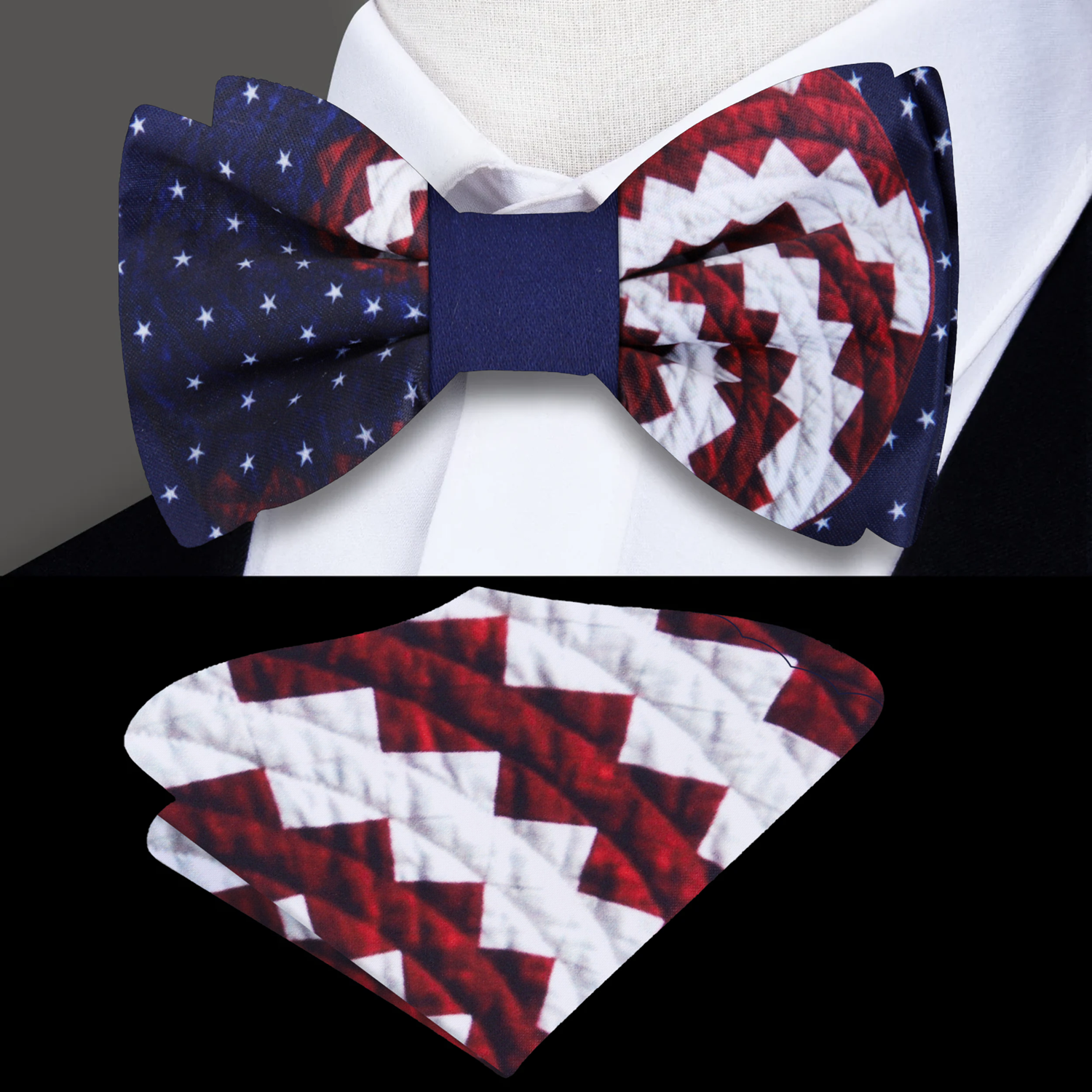 Main view: Red, White, Blue American Flag Swirl Bow Tie and Square
