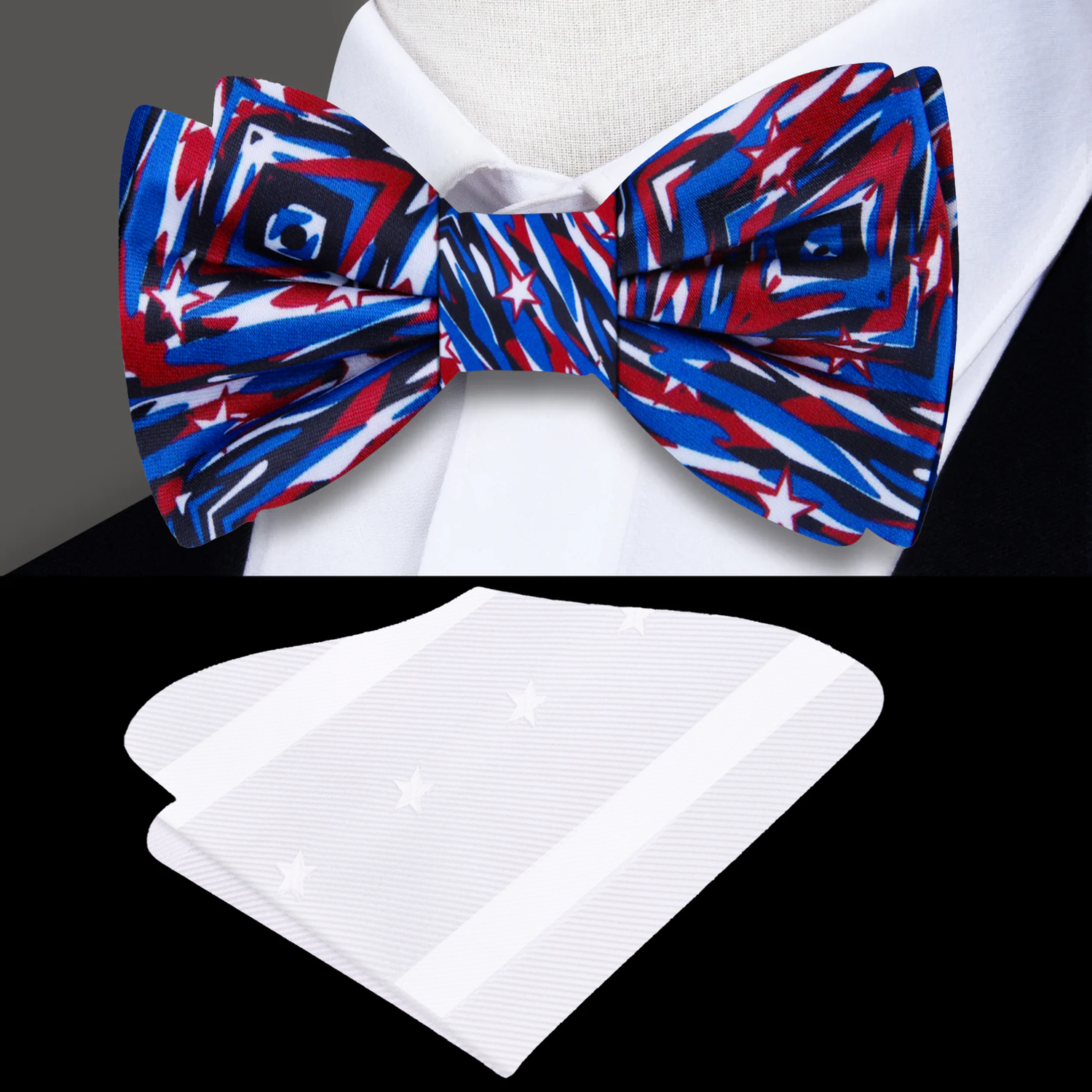 Blue, Red, Black White Abstract Shapes and Stars Bow Tie and Pocket SquareBlue, Red, Black White Abstract Shapes and Stars Bow Tie and Accenting Pocket Square