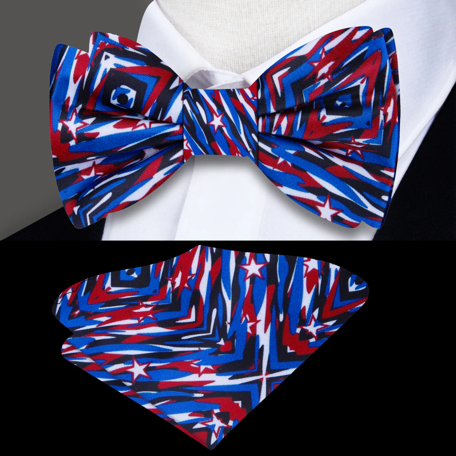 Blue, Red, Black White Abstract Shapes and Stars Bow Tie and Pocket SquareBlue, Red, Black White Abstract Shapes and Stars Bow Tie and Pocket Square