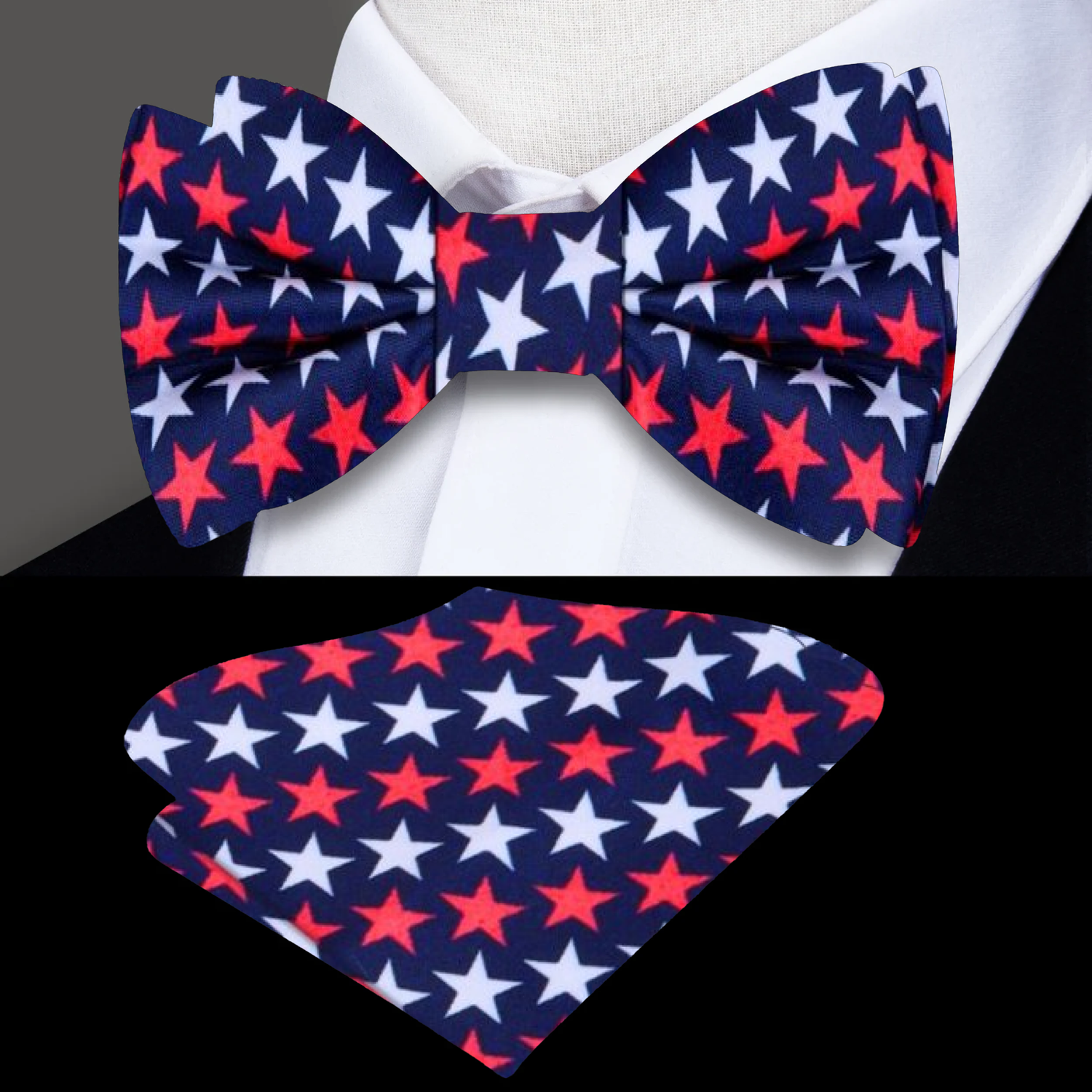 Blue, Red, Blue Patriotic Stars Bow Tie and Pocket Square