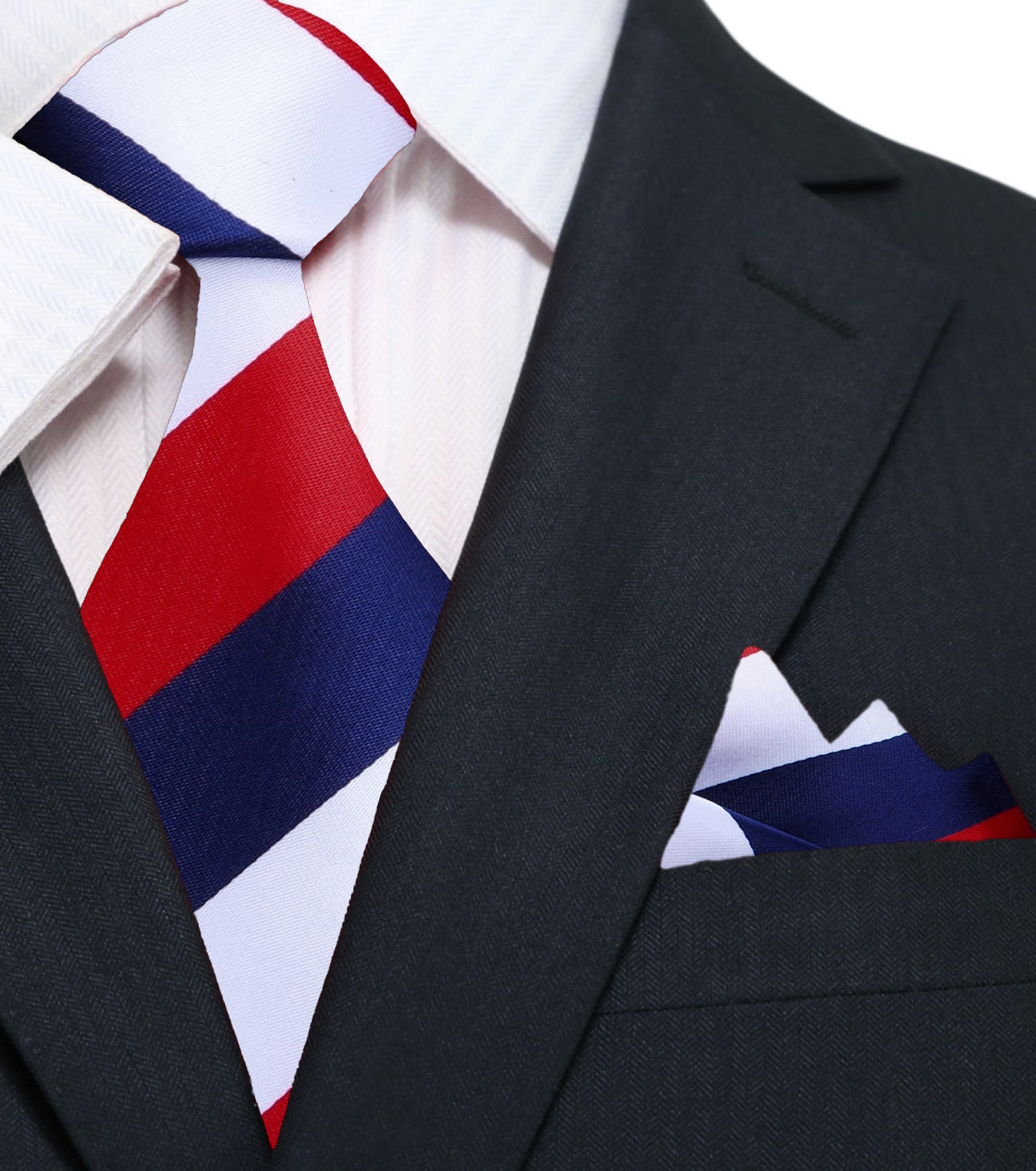 A Dark Blue, Red and White Block Stripe Necktie and Pocket Square