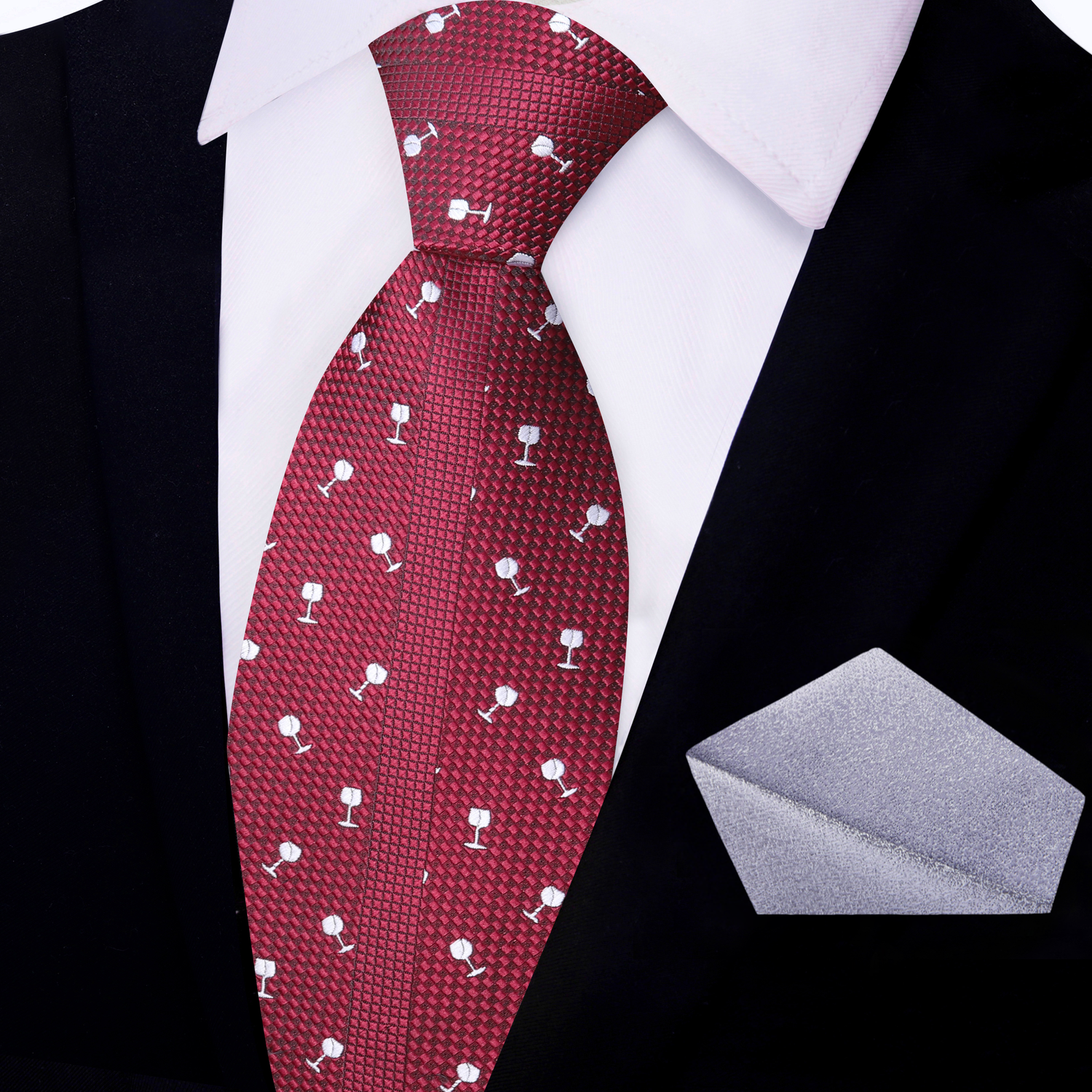 Deep Red with Light Grey Wine Glasses Necktie and Silver Pocket Square