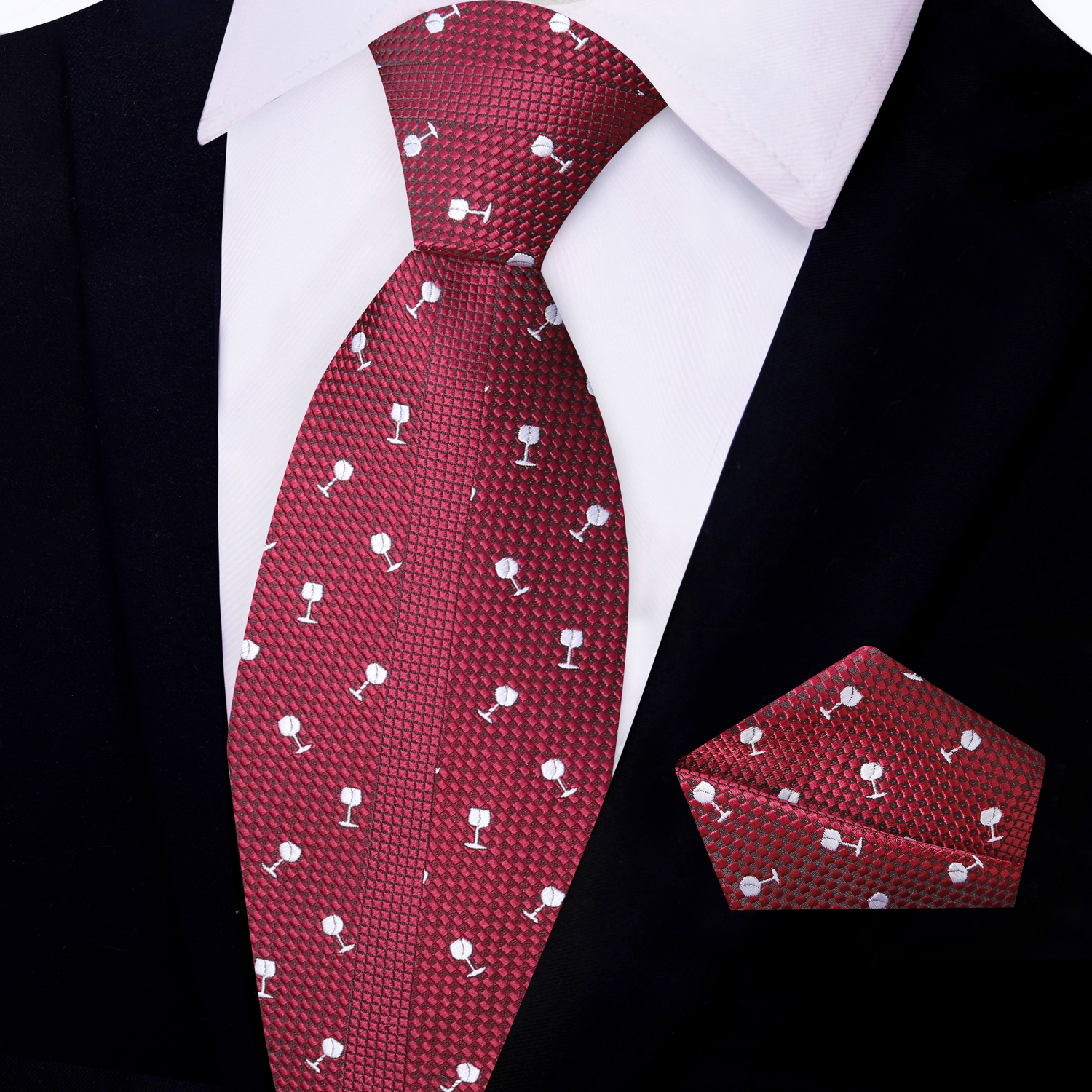 Deep Red with Light Grey Wine Glasses Necktie and Matching Square
