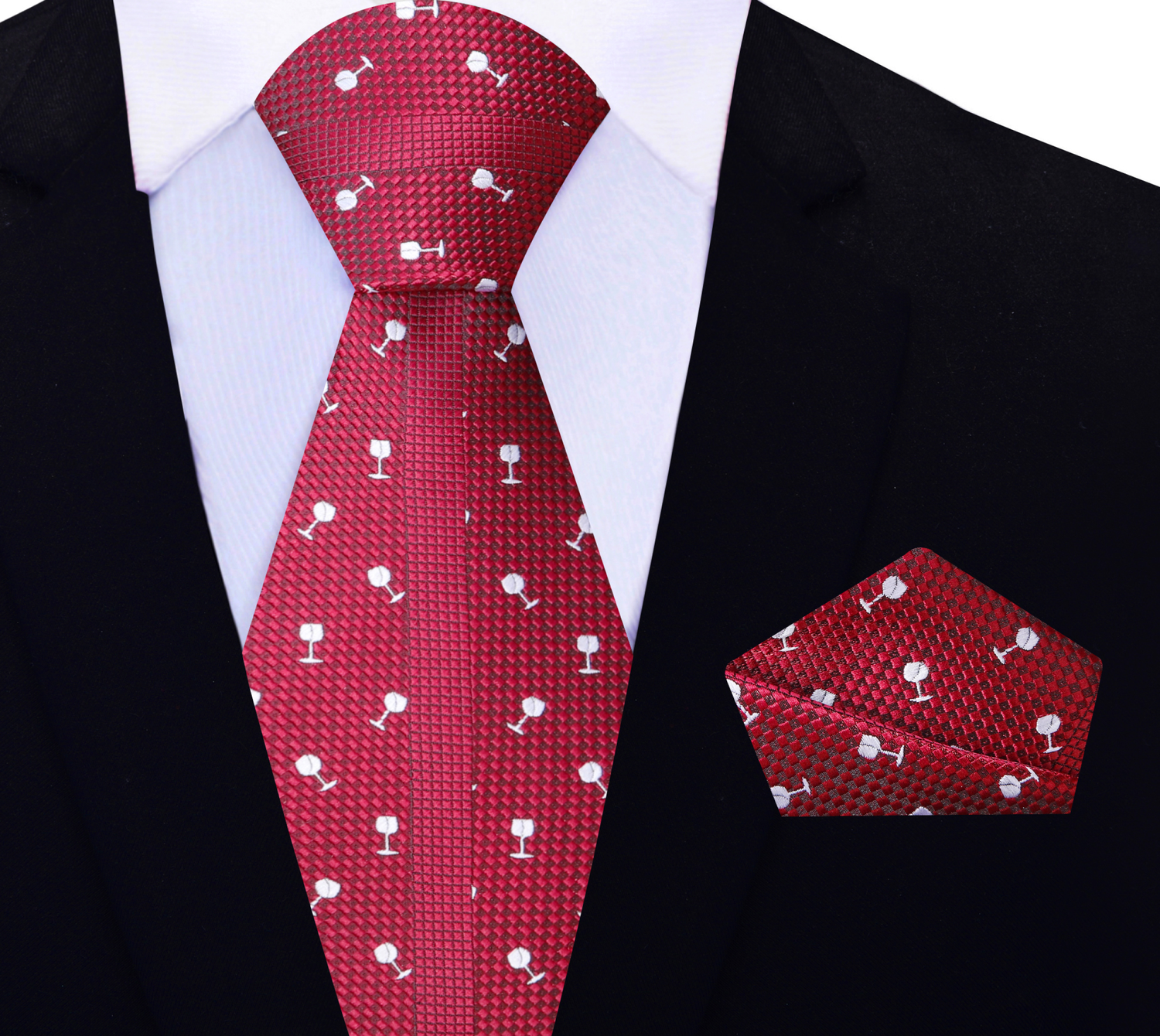 View 2: Deep Red with Light Grey Wine Glasses Necktie and Matching Square