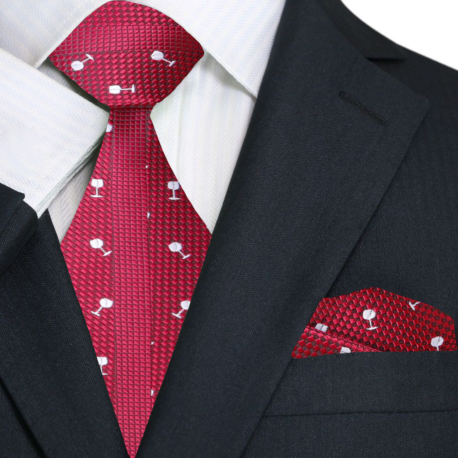 Premium Deep Red with Light Grey Wine Glasses Necktie and Matching Square