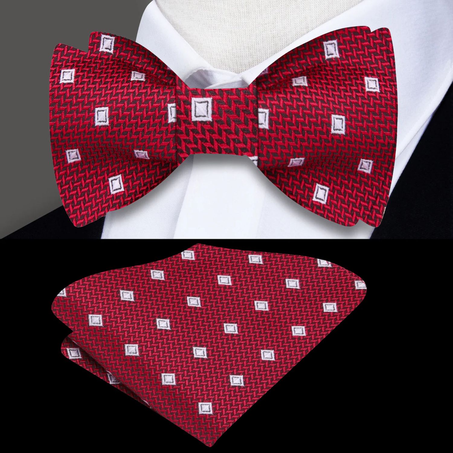 A Dark Red, Grey Geometric Diamond Stripe Pattern Silk Self Tie Bow Tie, Matching Pocket Square