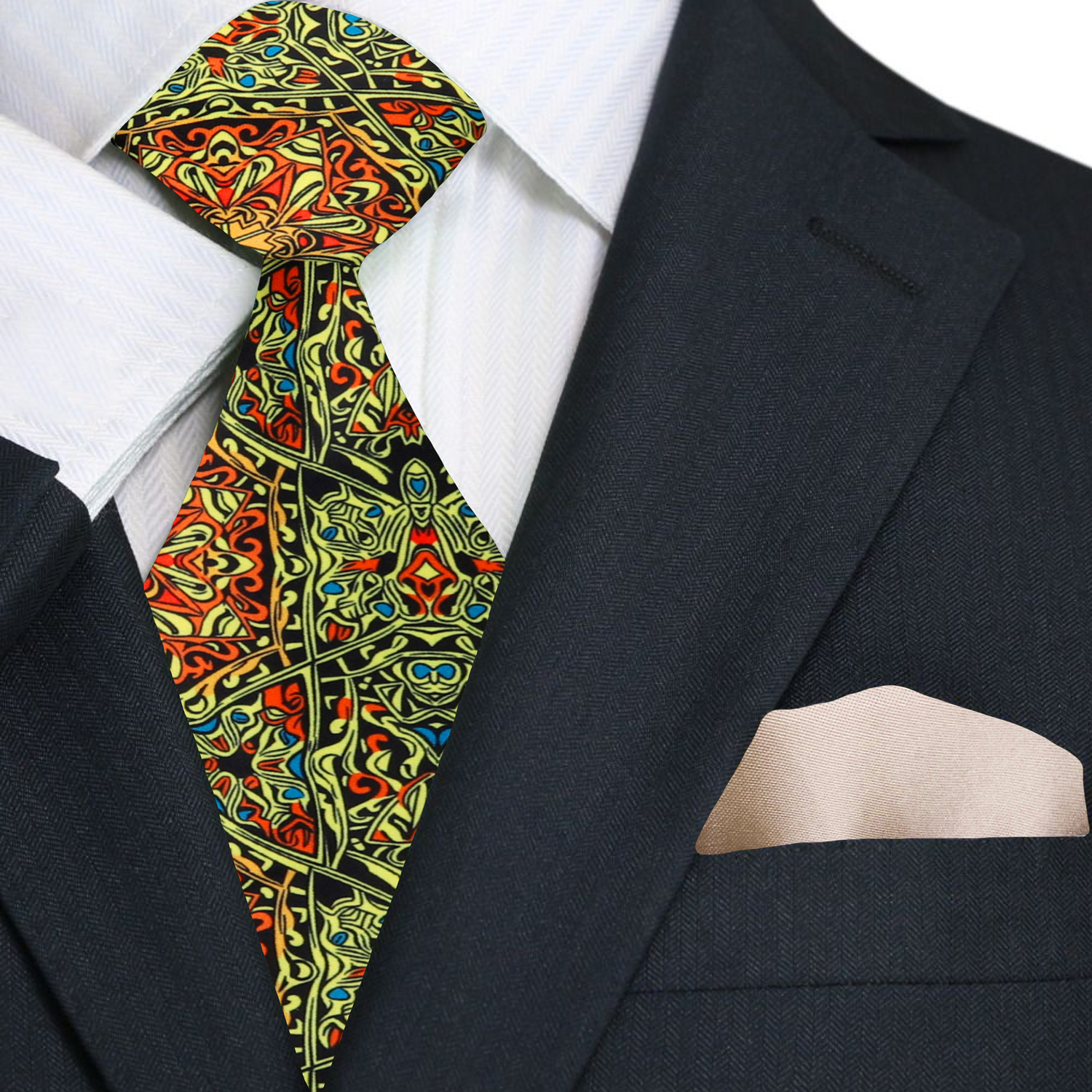 Orange, Red and Yellow Abstract Tie worn with a black suit and white shirt.