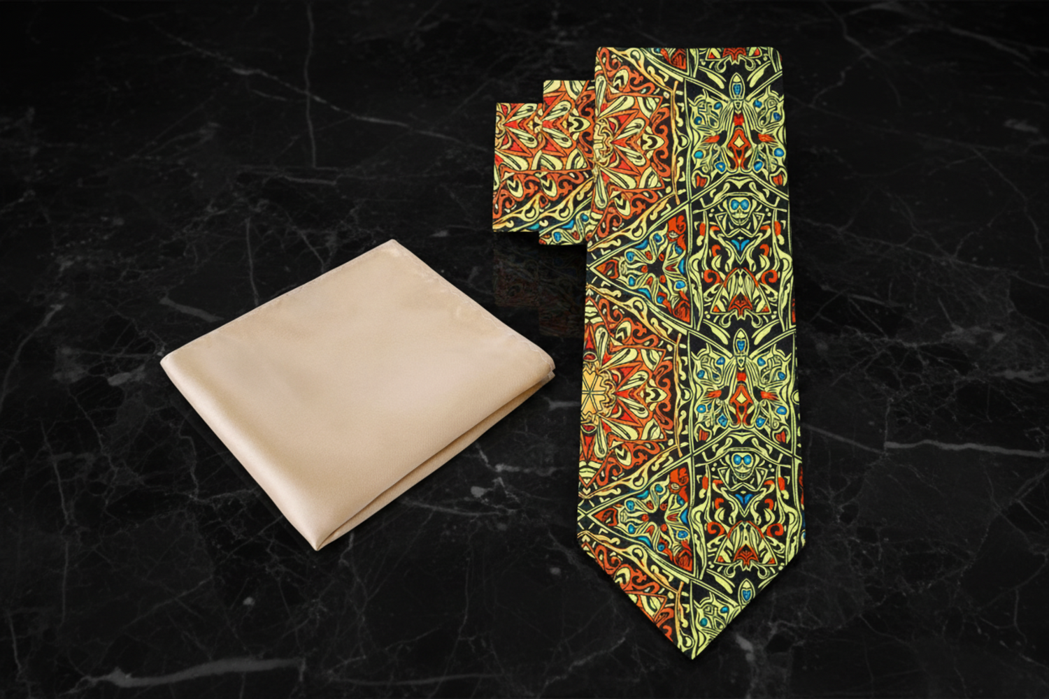 Orange, Red and Yellow Abstract Tie and beige pocket square on a marble background