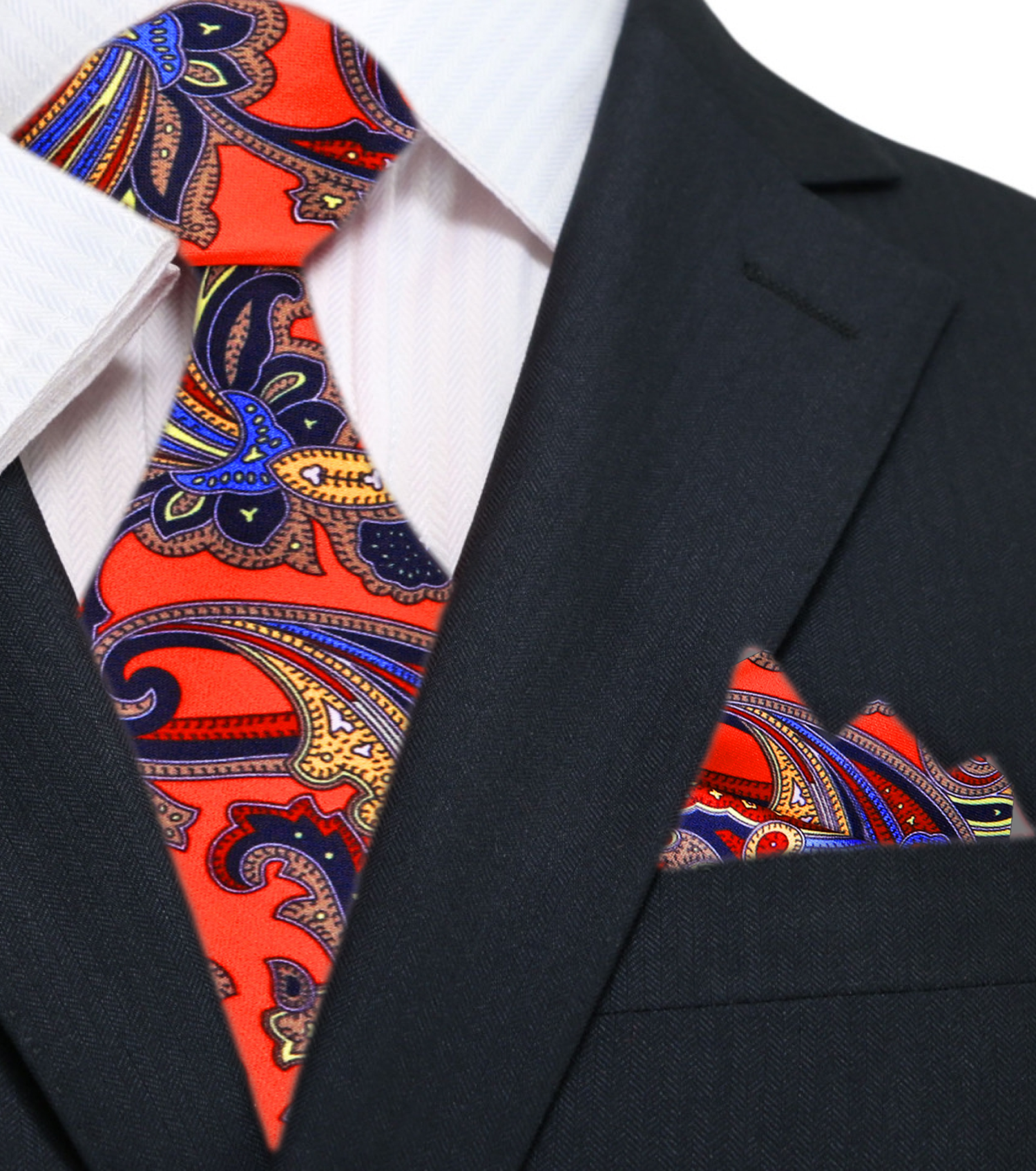 Main: A Red, Blue, Yellow Floral Pattern Silk Necktie, Matching Pocket Square