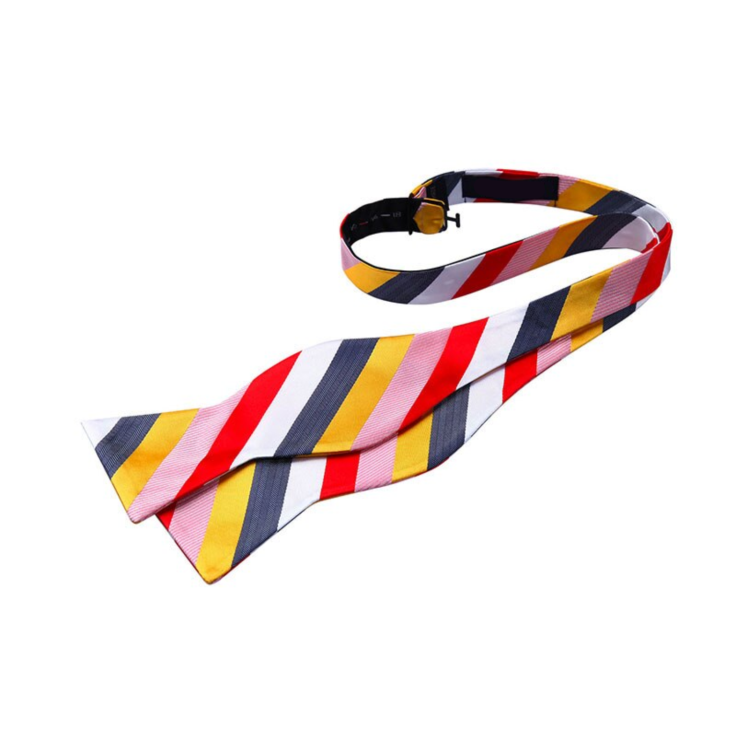 Single Self-Tie: A Pink, Grey, Red, Yellow Stripe Pattern Silk Self Tie Bow Tie