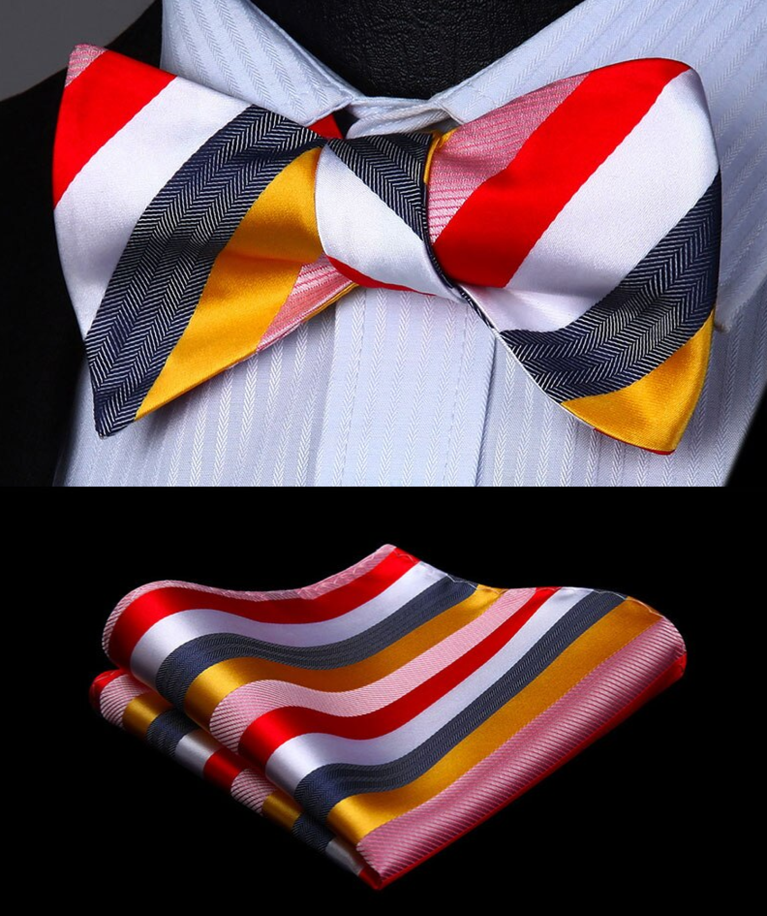 Main View: A Pink, Grey, Red, Yellow Stripe Pattern Silk Self Tie Bow Tie, Matching Pocket Square