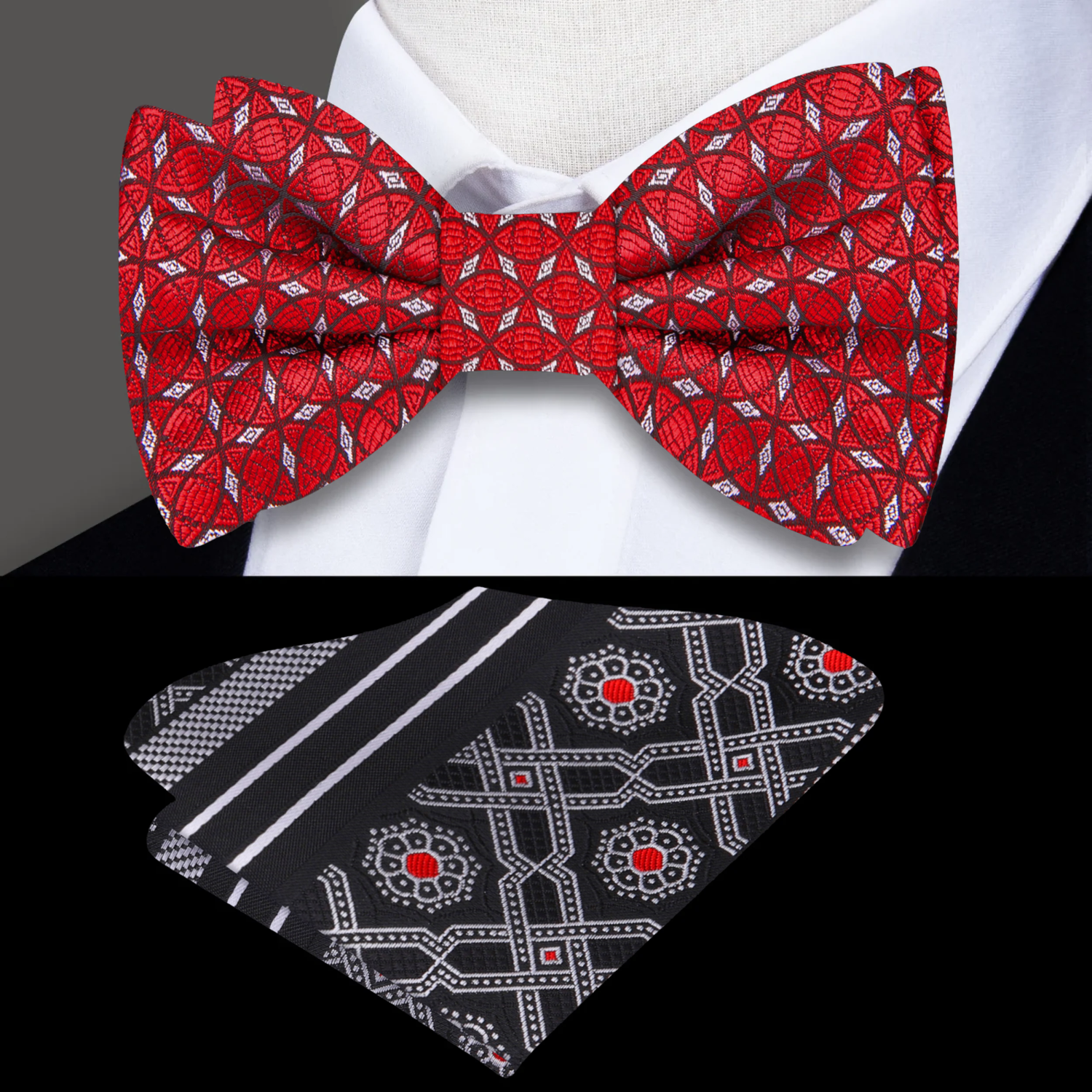 A Rich Red, Brown And Black Geometric Abstract Silk Bow Tie, Red Grey Pocket Square