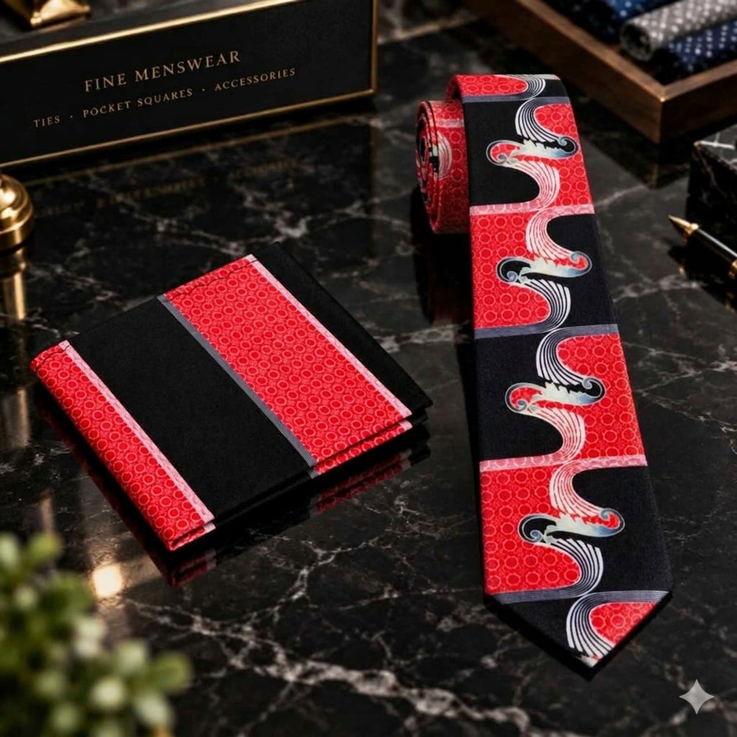 Red Black Abstract Thin Tie and Pocket Square