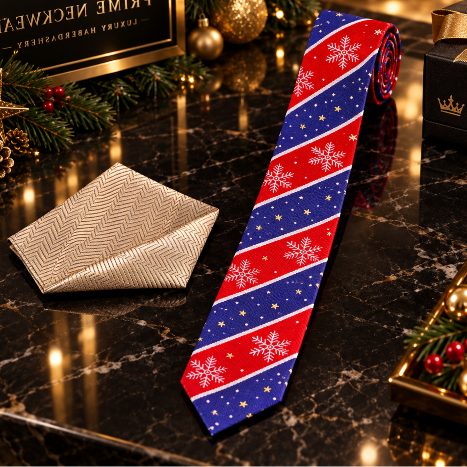 A red and navy blue holiday-themed necktie with white snowflakes and gold stars, styled on a white dress shirt and black suit jacket. A matching beige pocket square with a herringbone pattern is tucked into the jacket pocket.