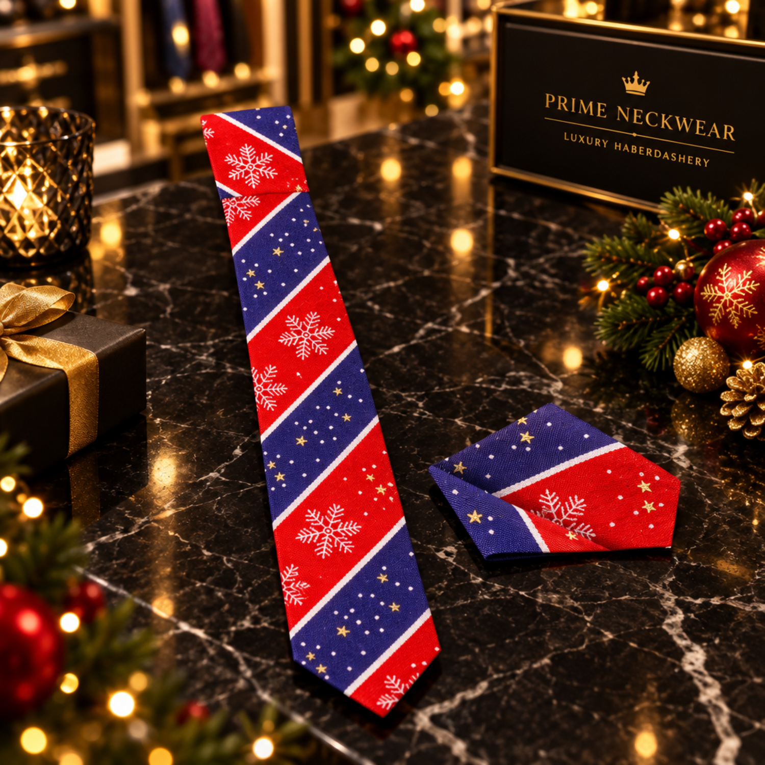 A red and navy blue holiday-themed necktie and matching pocket square set, styled on a white dress shirt and black suit jacket. 
