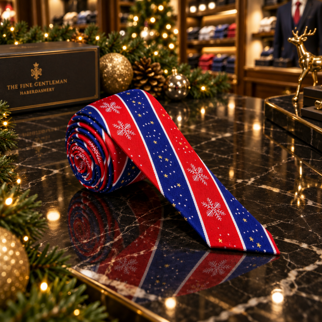 A rolled Christmas-themed necktie with red, blue, and white holiday patterns, displayed on a polished black marble counter in a decorated retail setting.