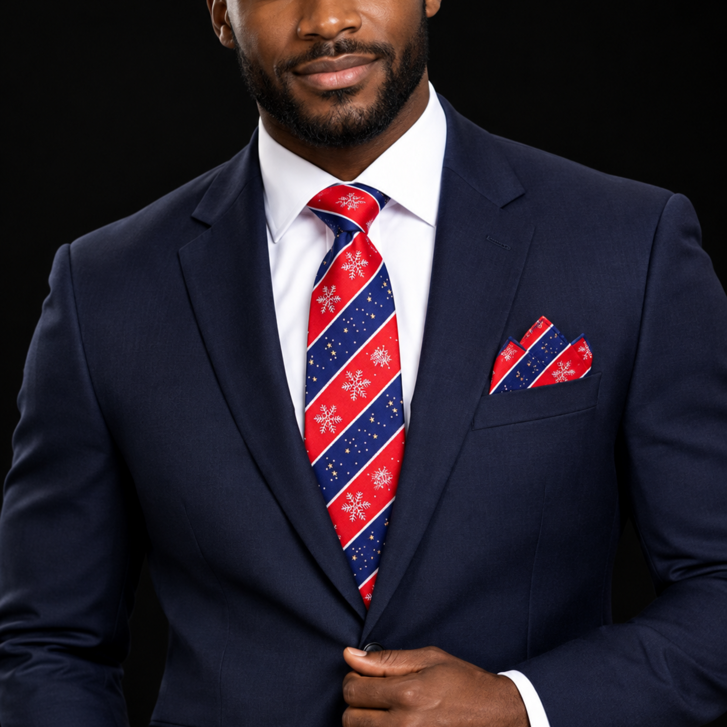 man wearing blue red stripe snowflake tie and square