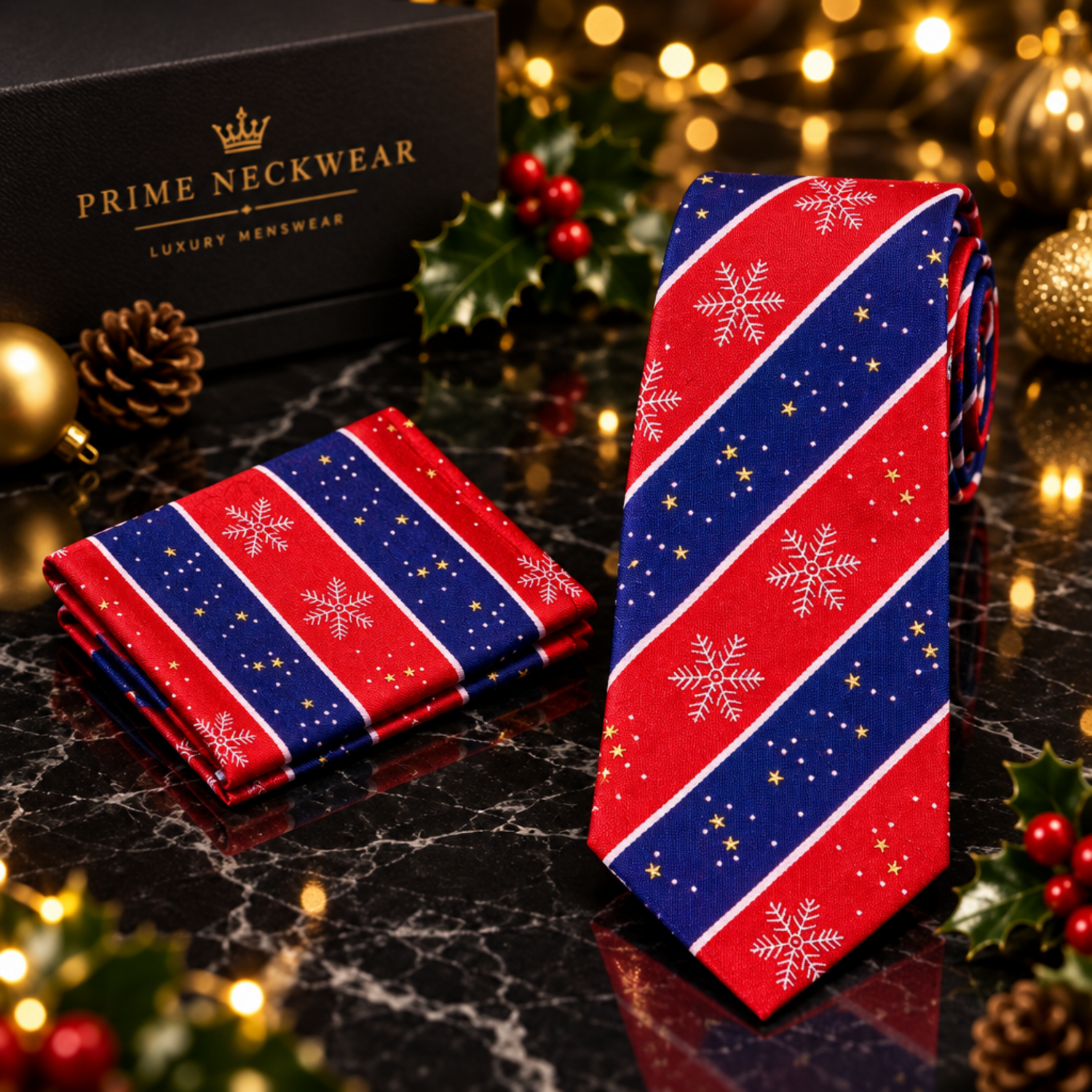 A matching necktie and pocket square set with a festive holiday pattern of diagonal red and navy blue stripes, white snowflakes, and small gold stars, shown  