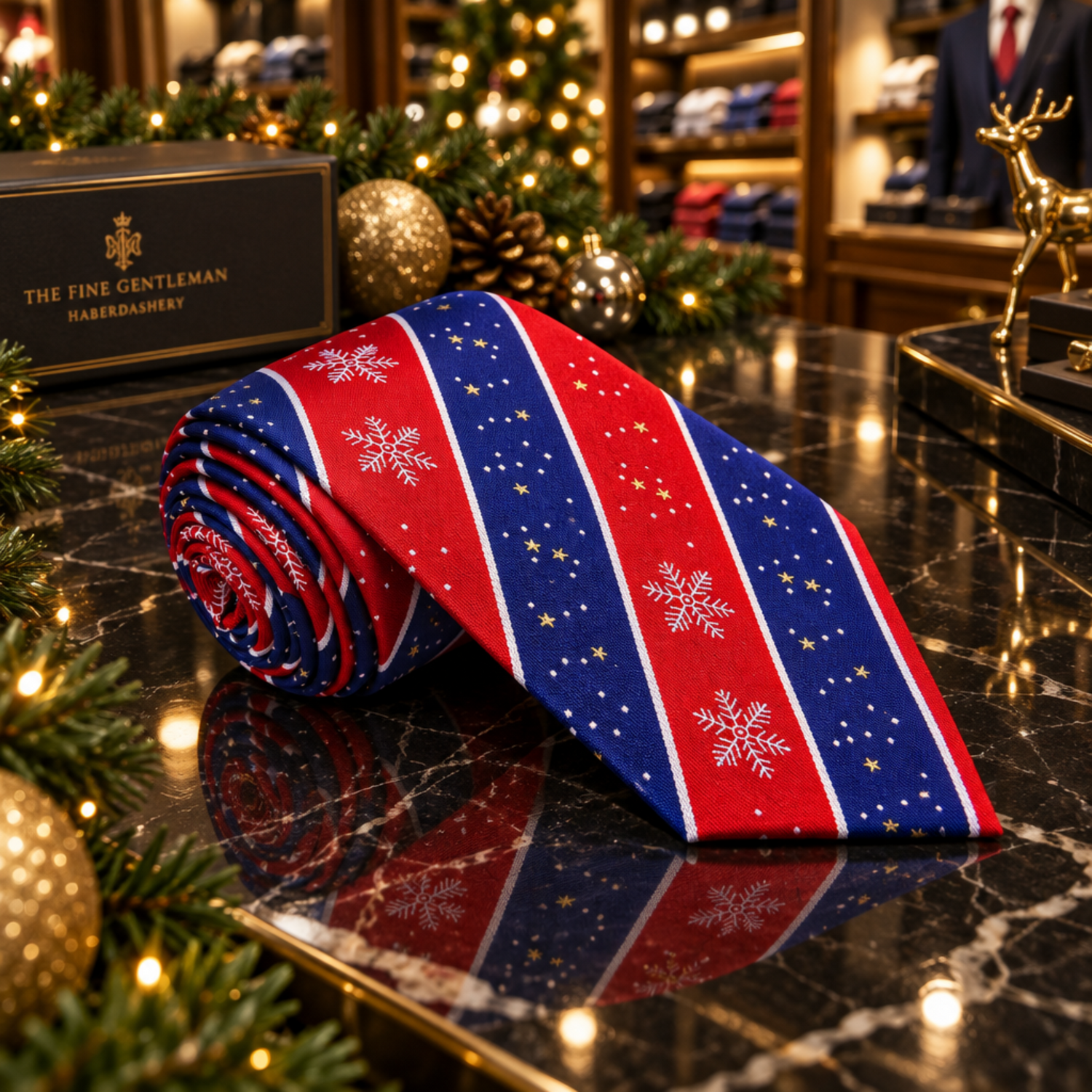 A rolled necktie featuring a festive holiday pattern with vertical stripes of red, navy blue, and white, decorated with white snowflakes and small gold stars.