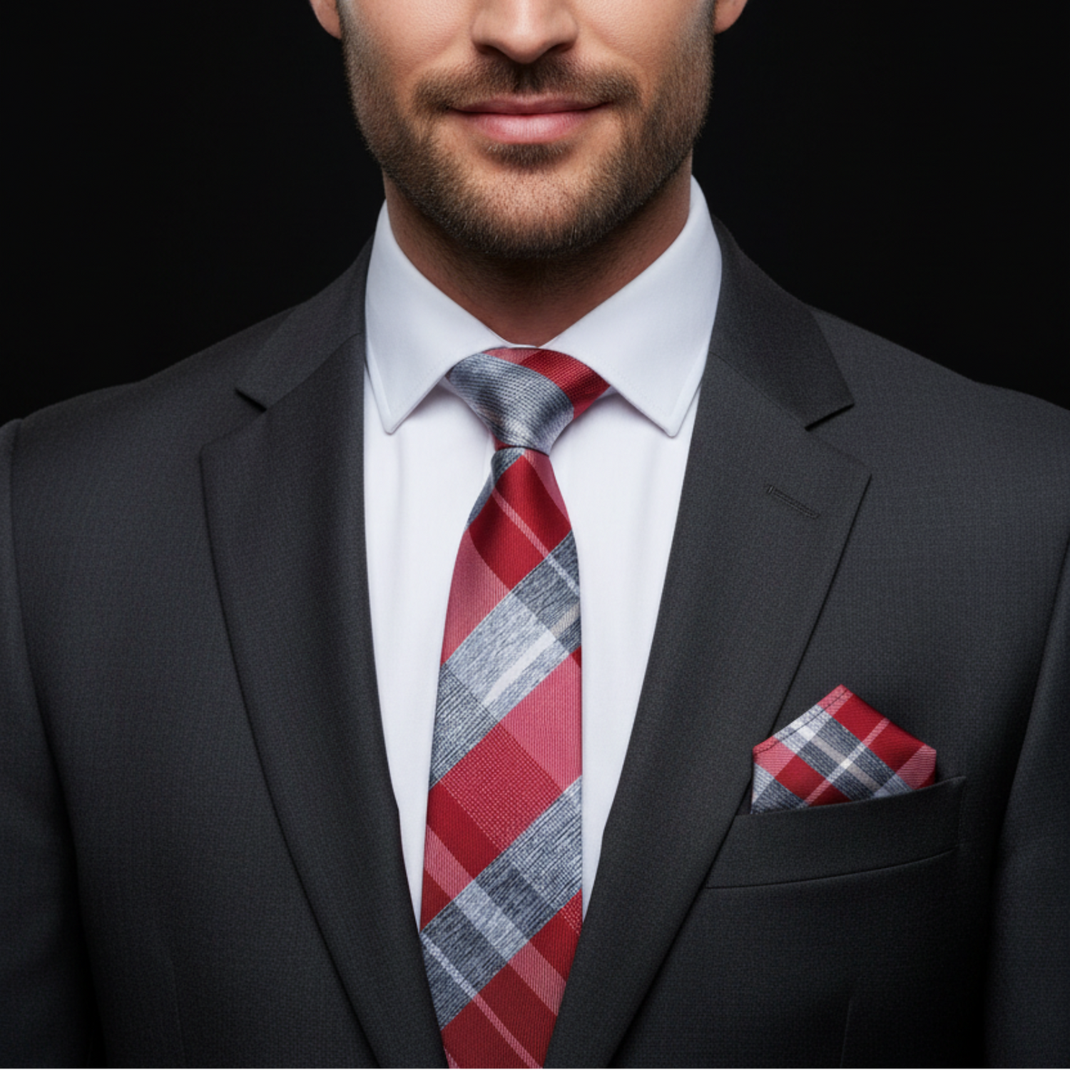 Man wearing a dark suit with a red and gray plaid tie and pocket square on a black background