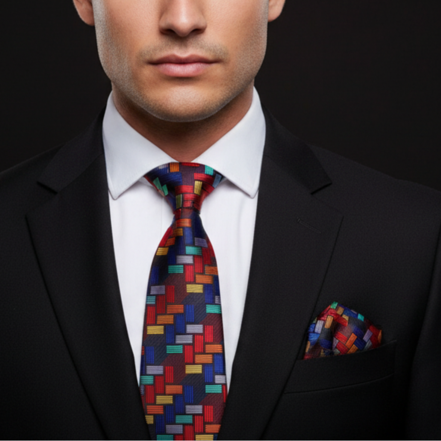 Man wearing a black suit with a colorful tie and pocket square against a dark background
