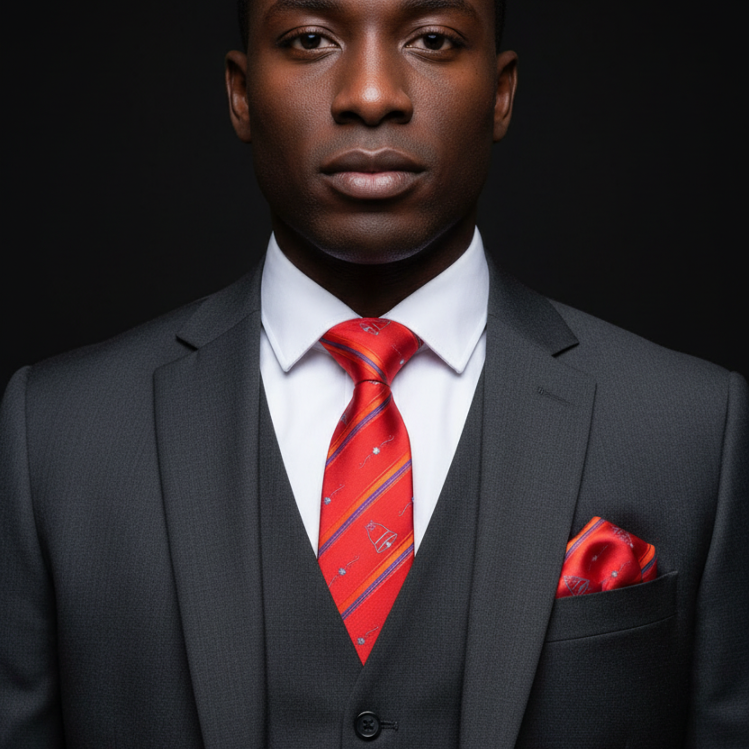 Man wearing a gray suit with a red tie and pocket square on a black background