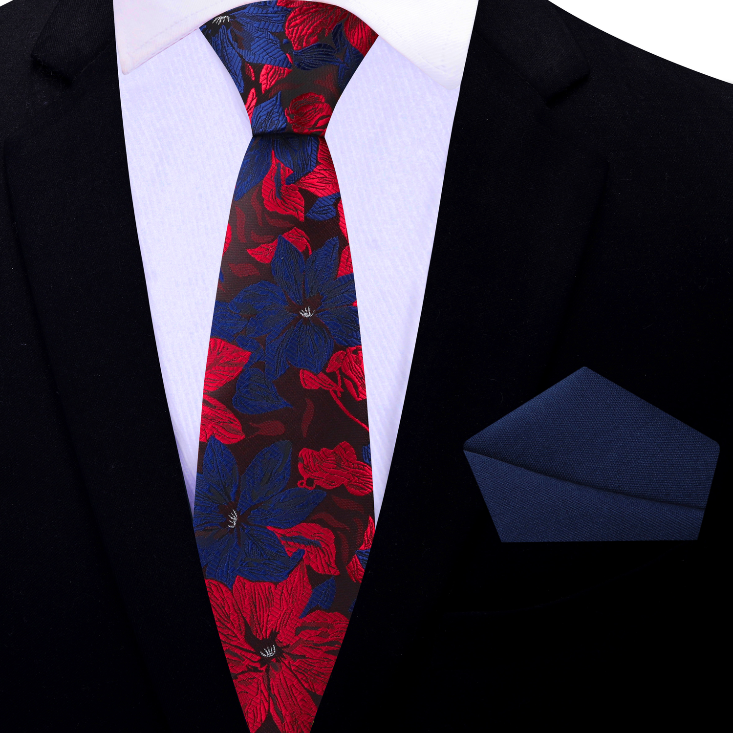 Thin Tie: Red and Blue Hibiscus Flower Necktie and Solid Blue Pocket Square 