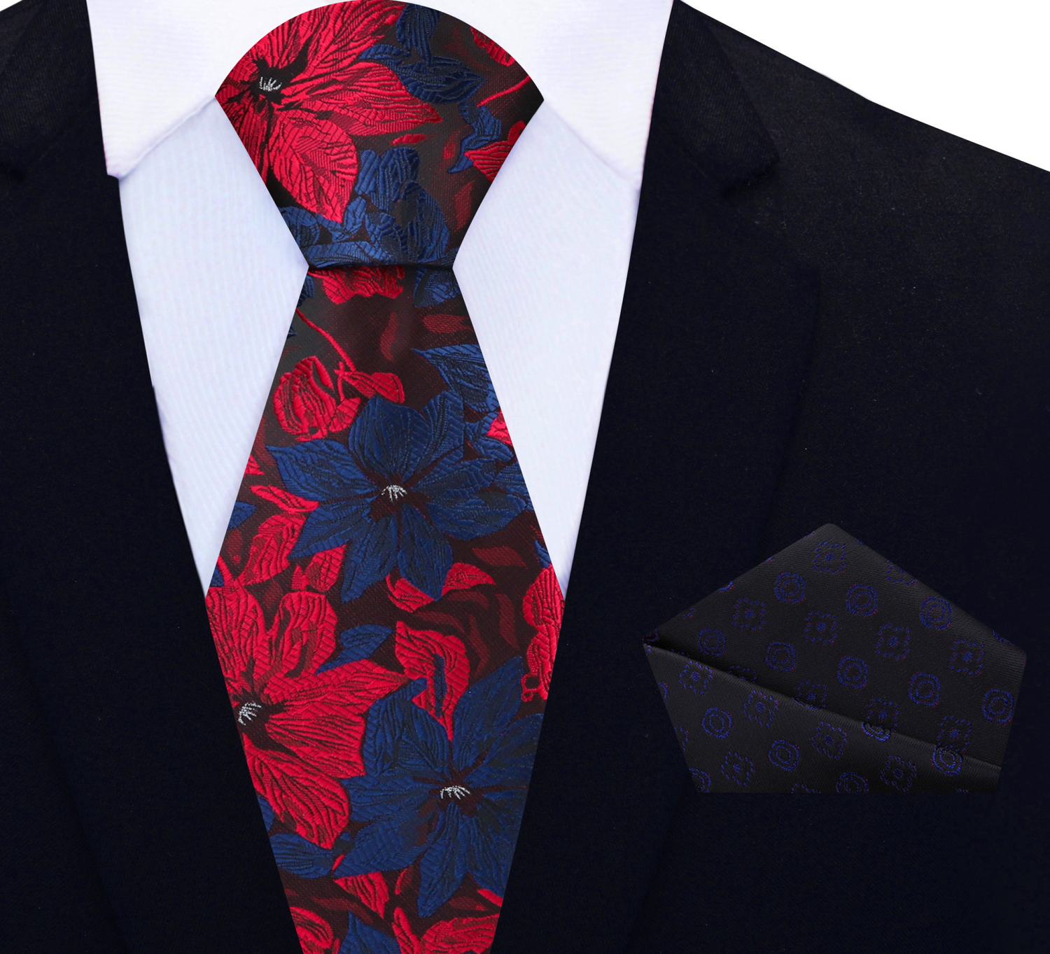 View 2: Red and Blue Hibiscus Flower Necktie and Geometric Pocket Square 