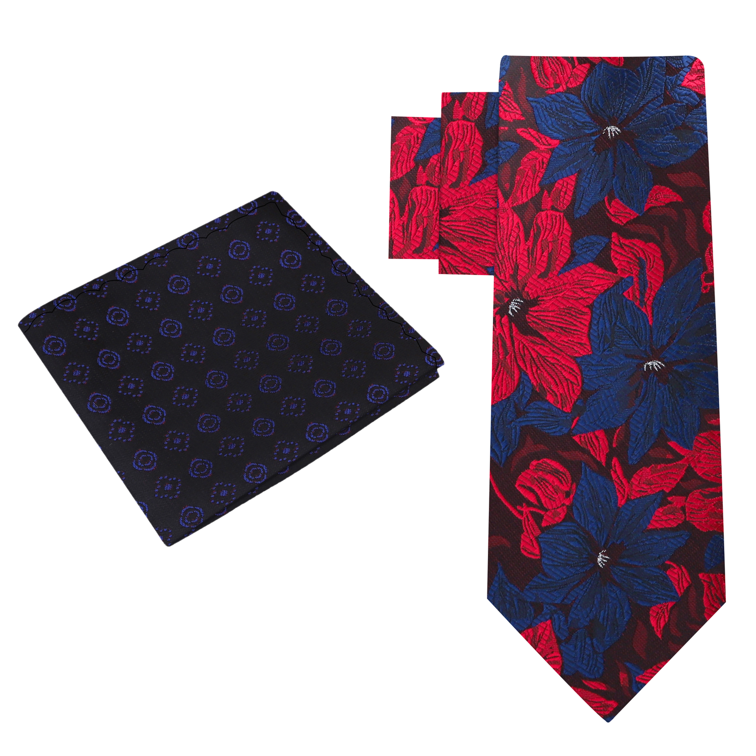 Alt View: Red and Blue Hibiscus Flower Necktie and Geometric Pocket Square 