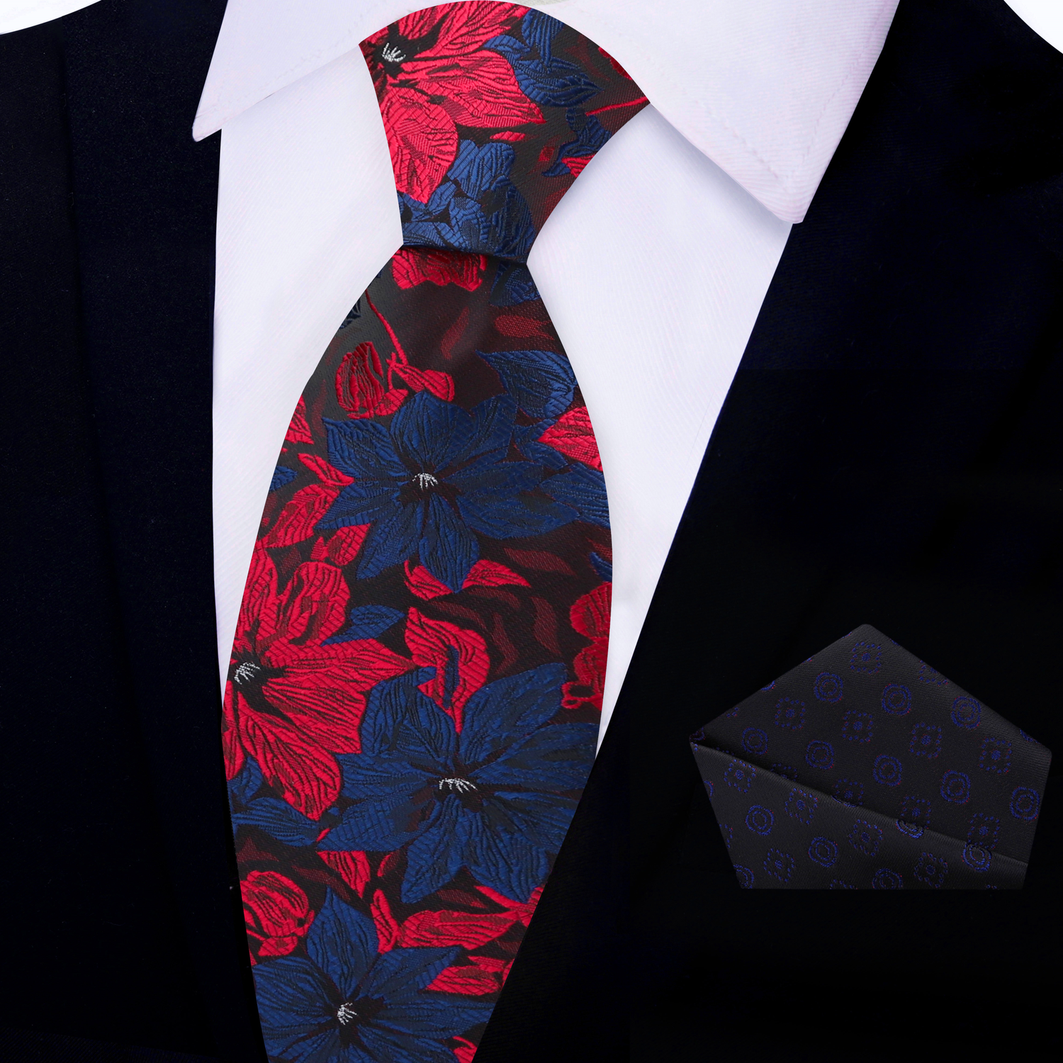 Red and Blue Hibiscus Flower Necktie and Geometric Pocket Square 