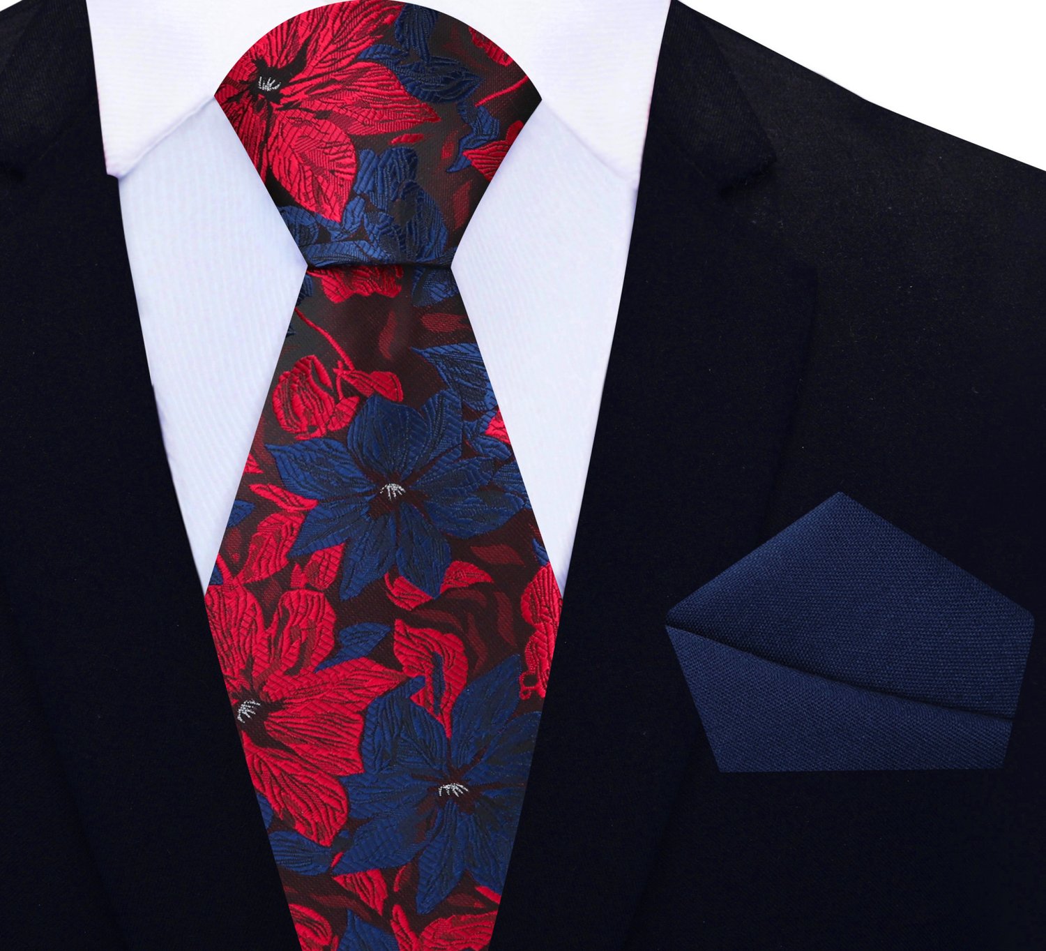 Red and Blue Hibiscus Flower Necktie and Solid Blue Pocket Square 