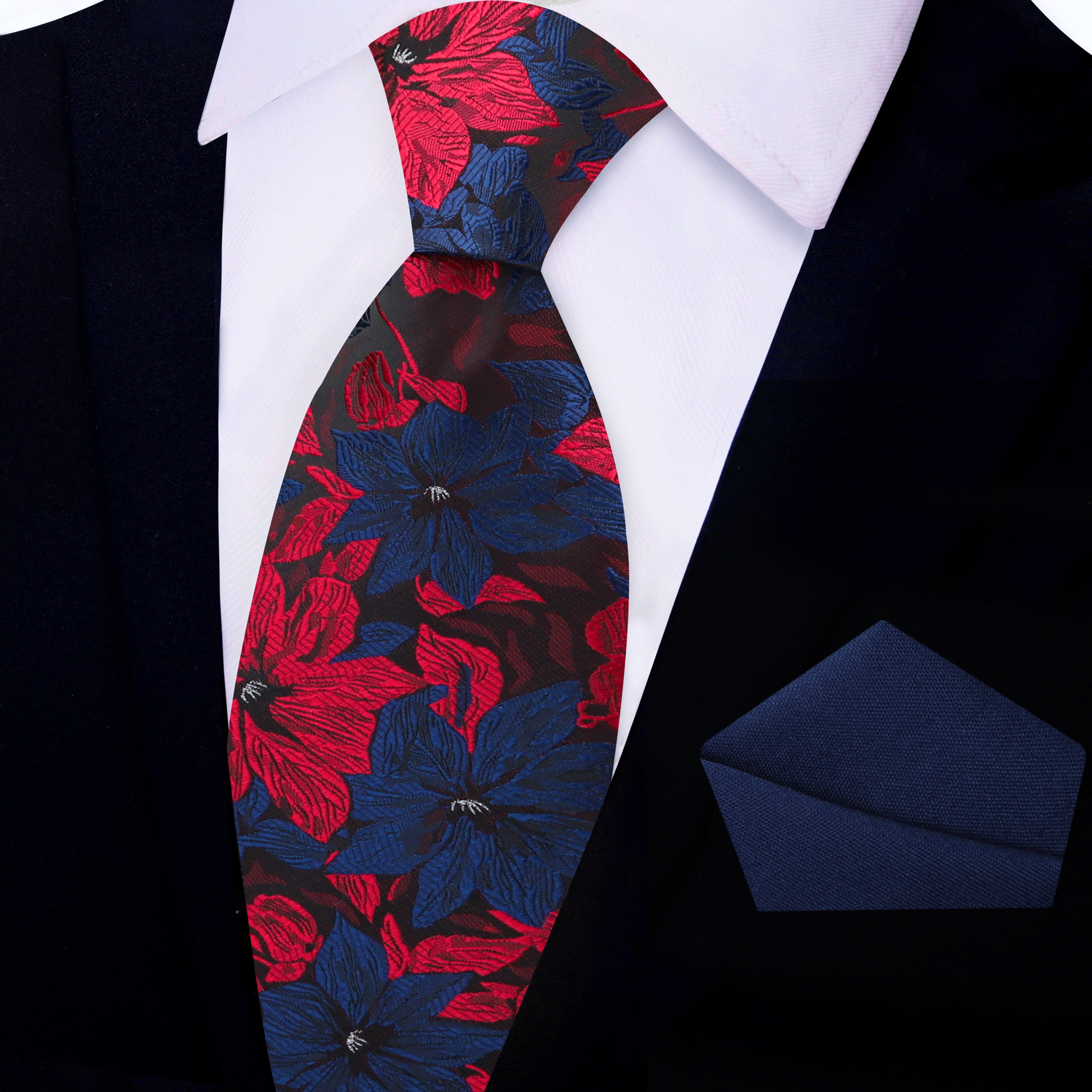 View 2: Red and Blue Hibiscus Flower Necktie and Solid Blue Pocket Square 